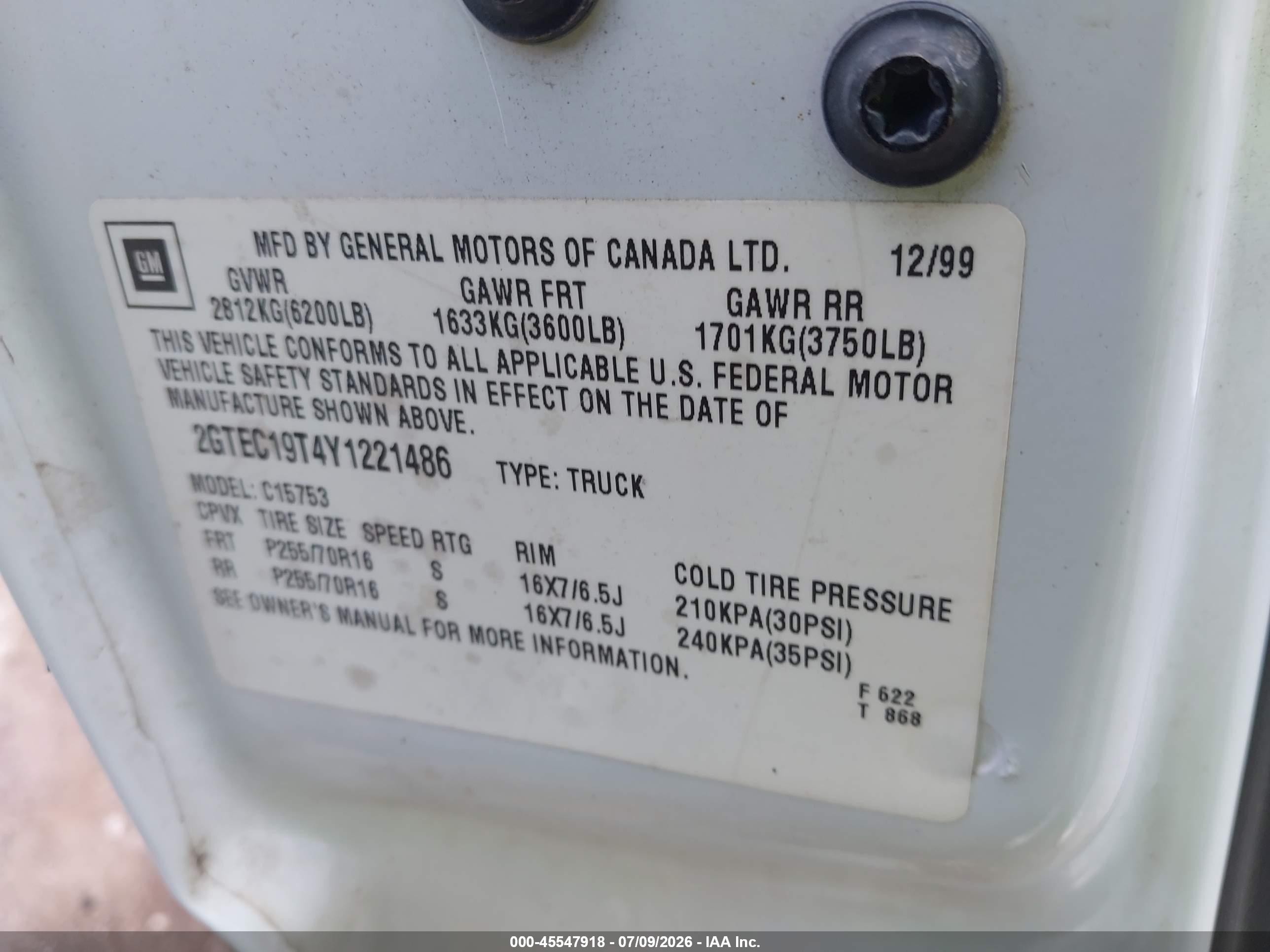 2000 Gmc Sierra 1500 Sle White vin: 2GTEC19T4Y1221486