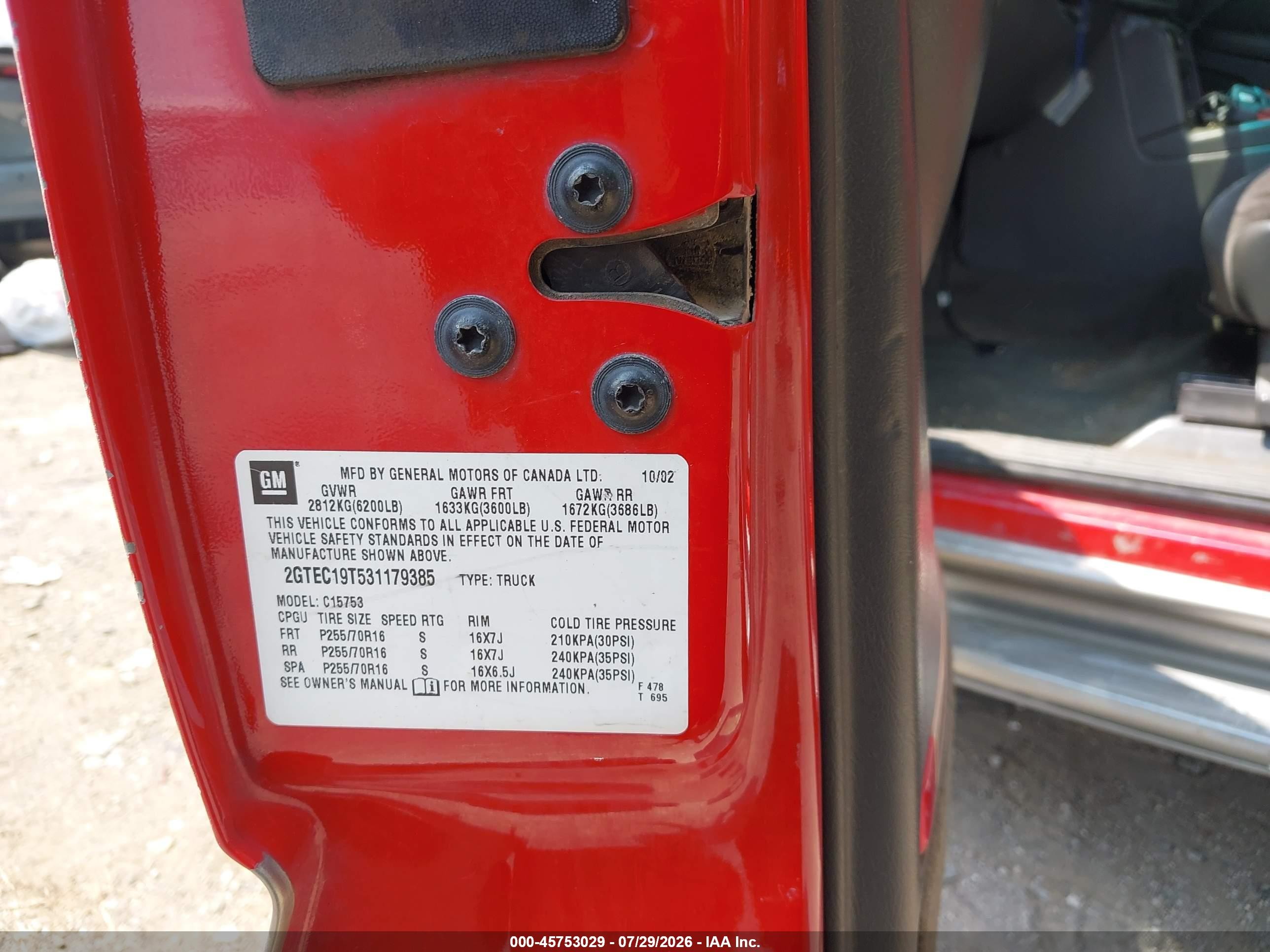 2003 Gmc Sierra 1500 Sle Red vin: 2GTEC19T531179385