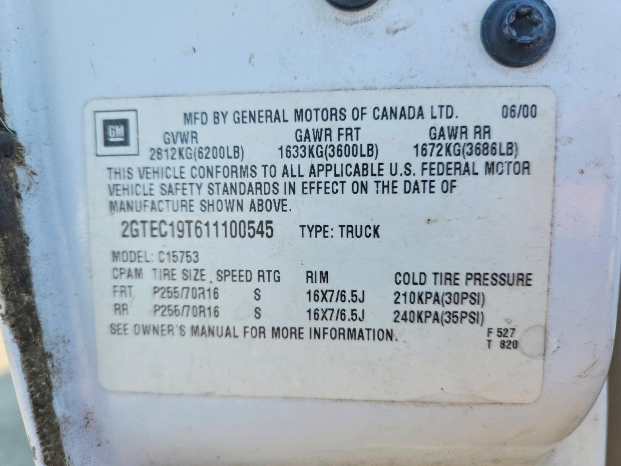 2001 Gmc New Sierra C1500 White vin: 2GTEC19T611100545