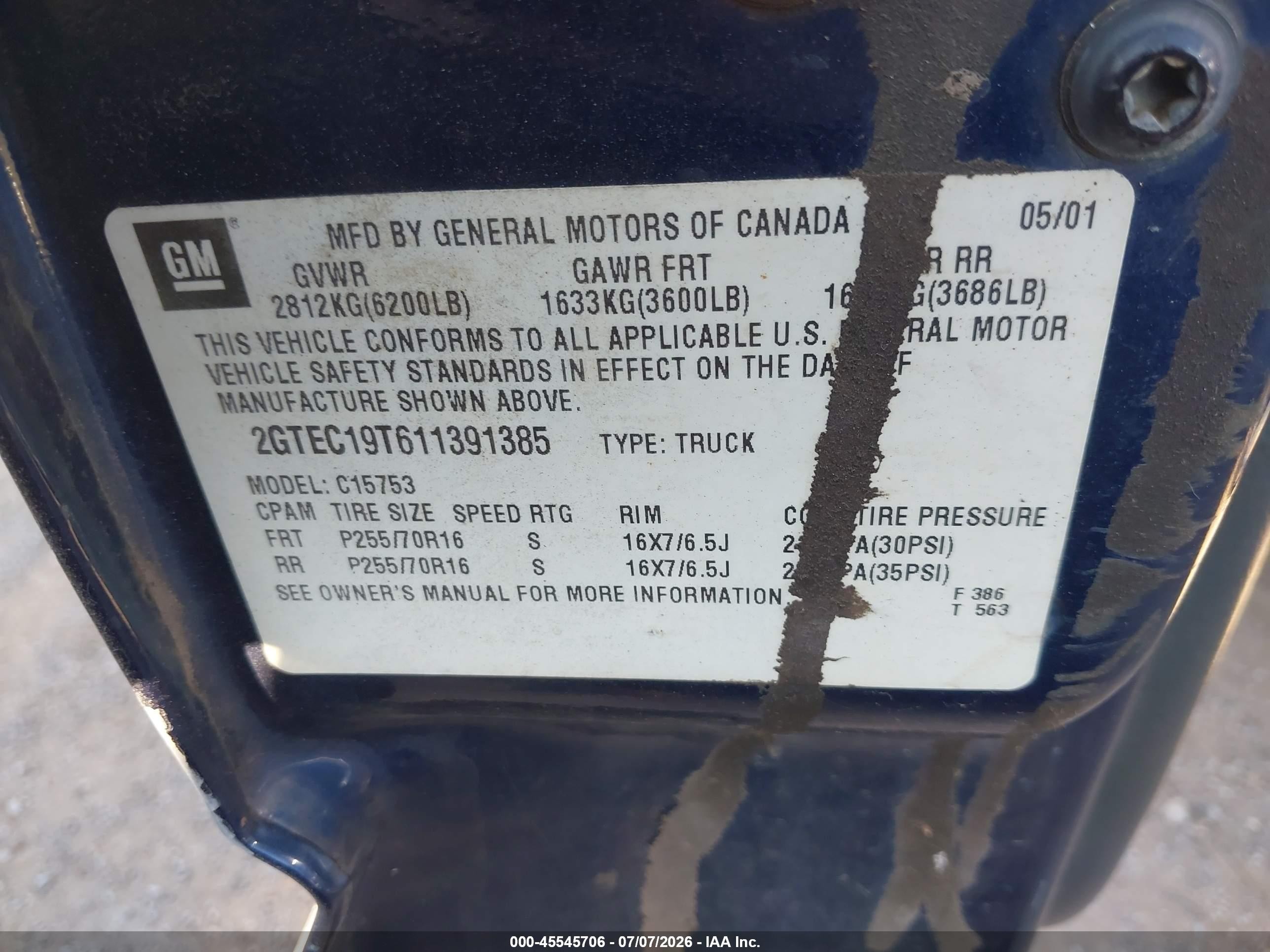 2001 Gmc Sierra 1500 Sle Blue vin: 2GTEC19T611391385
