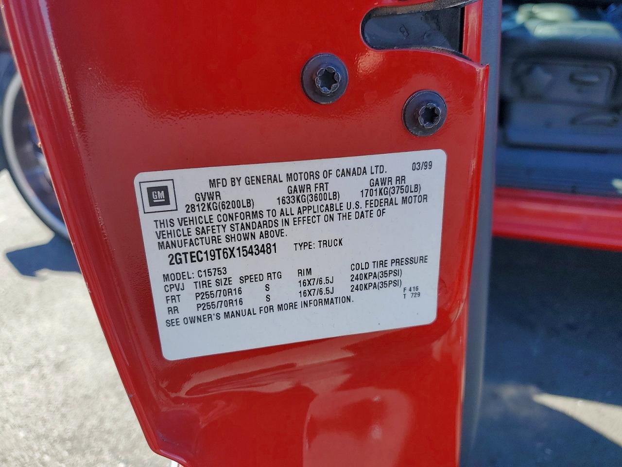1999 Gmc New Sierra C1500 Red vin: 2GTEC19T6X1543481
