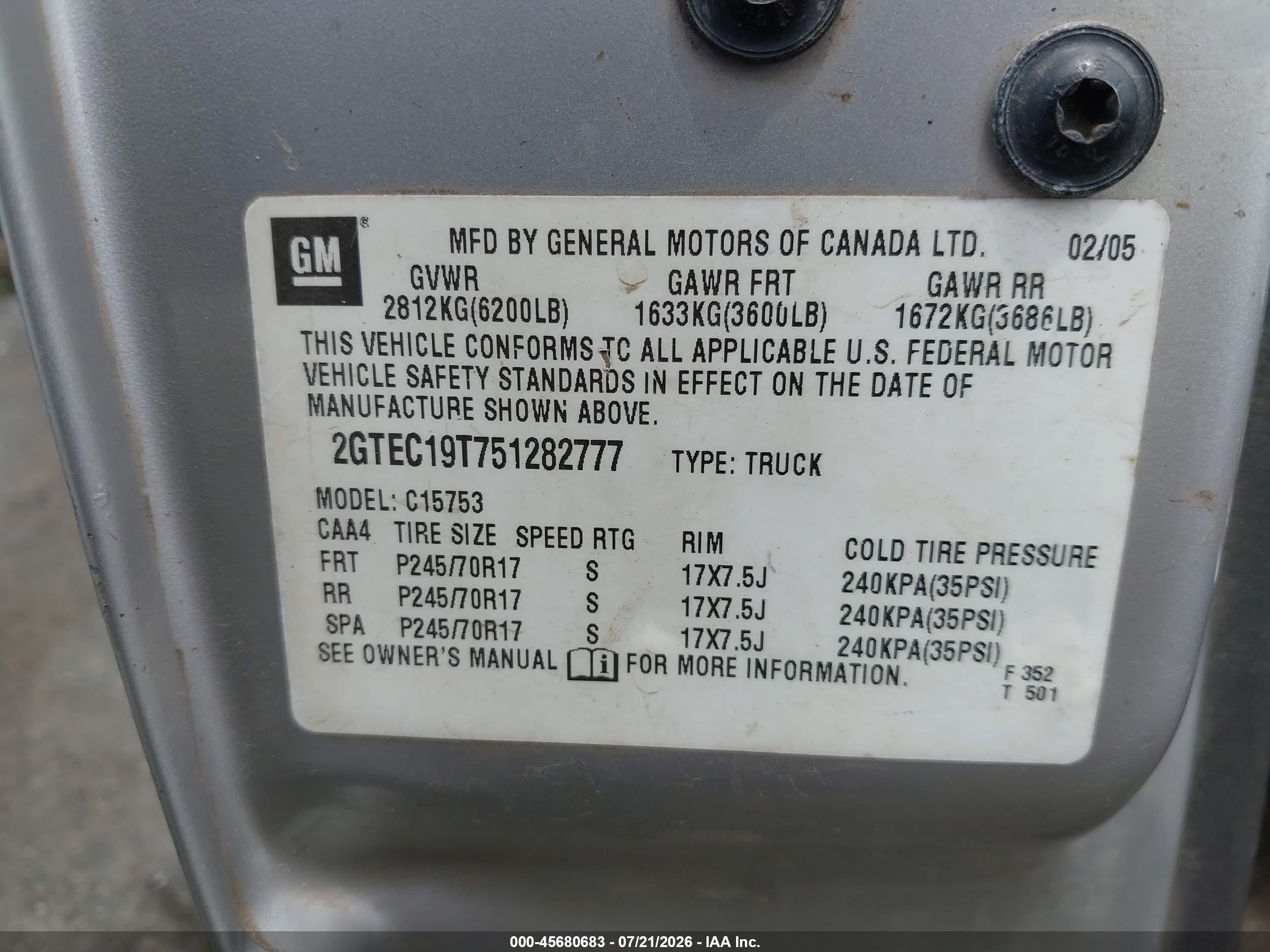 2005 Gmc Sierra 1500 Sle Gray vin: 2GTEC19T751282777