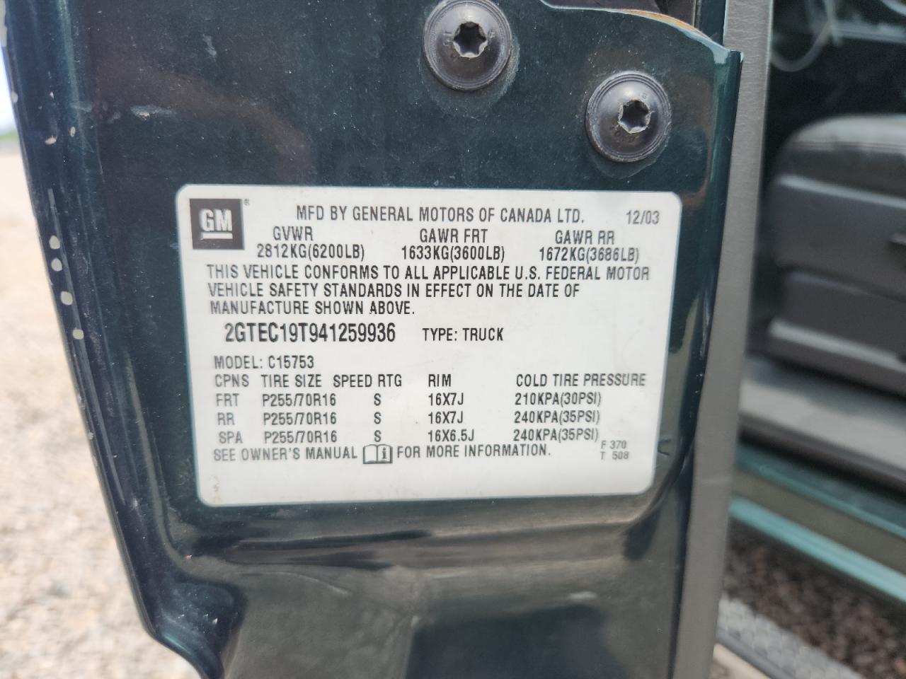 2004 Gmc New Sierra C1500 Green vin: 2GTEC19T941259936