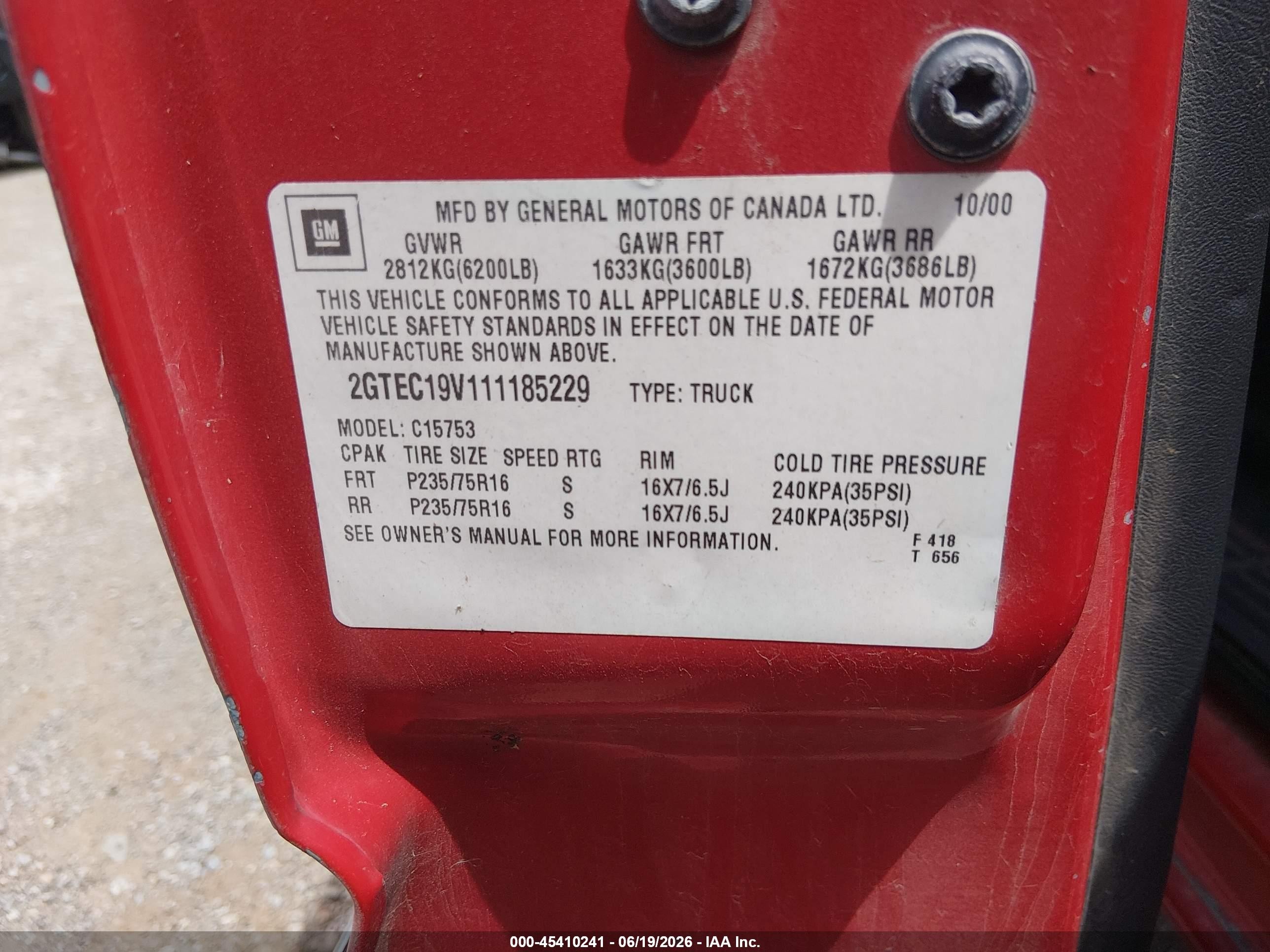 2001 Gmc Sierra 1500 Sle Red vin: 2GTEC19V111185229