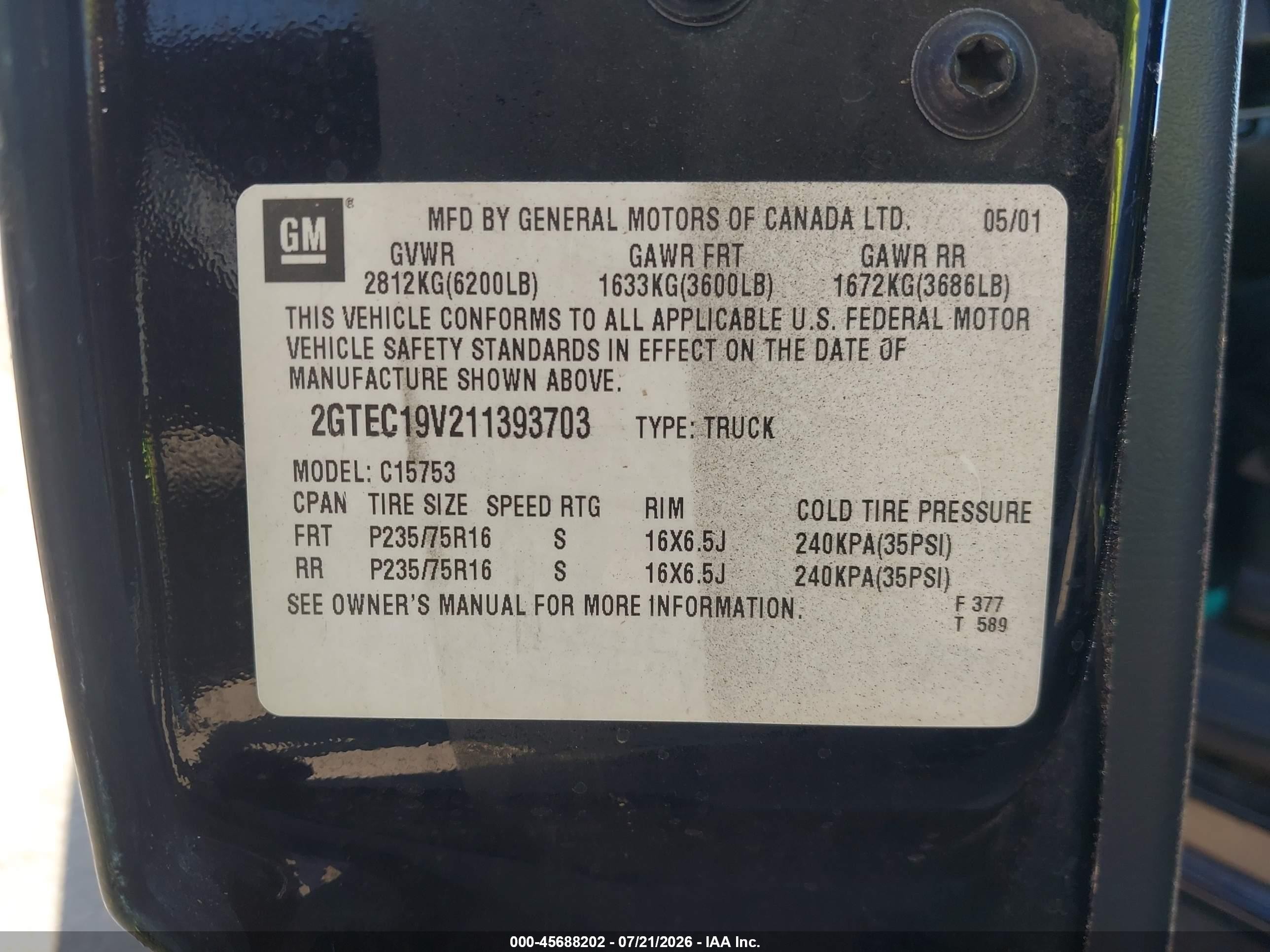 2001 Gmc Sierra 1500 Sle Black vin: 2GTEC19V211393703