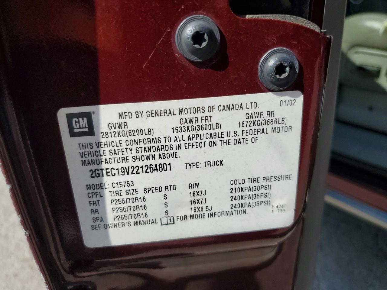 2002 Gmc New Sierra C1500 Burgundy vin: 2GTEC19V221264801