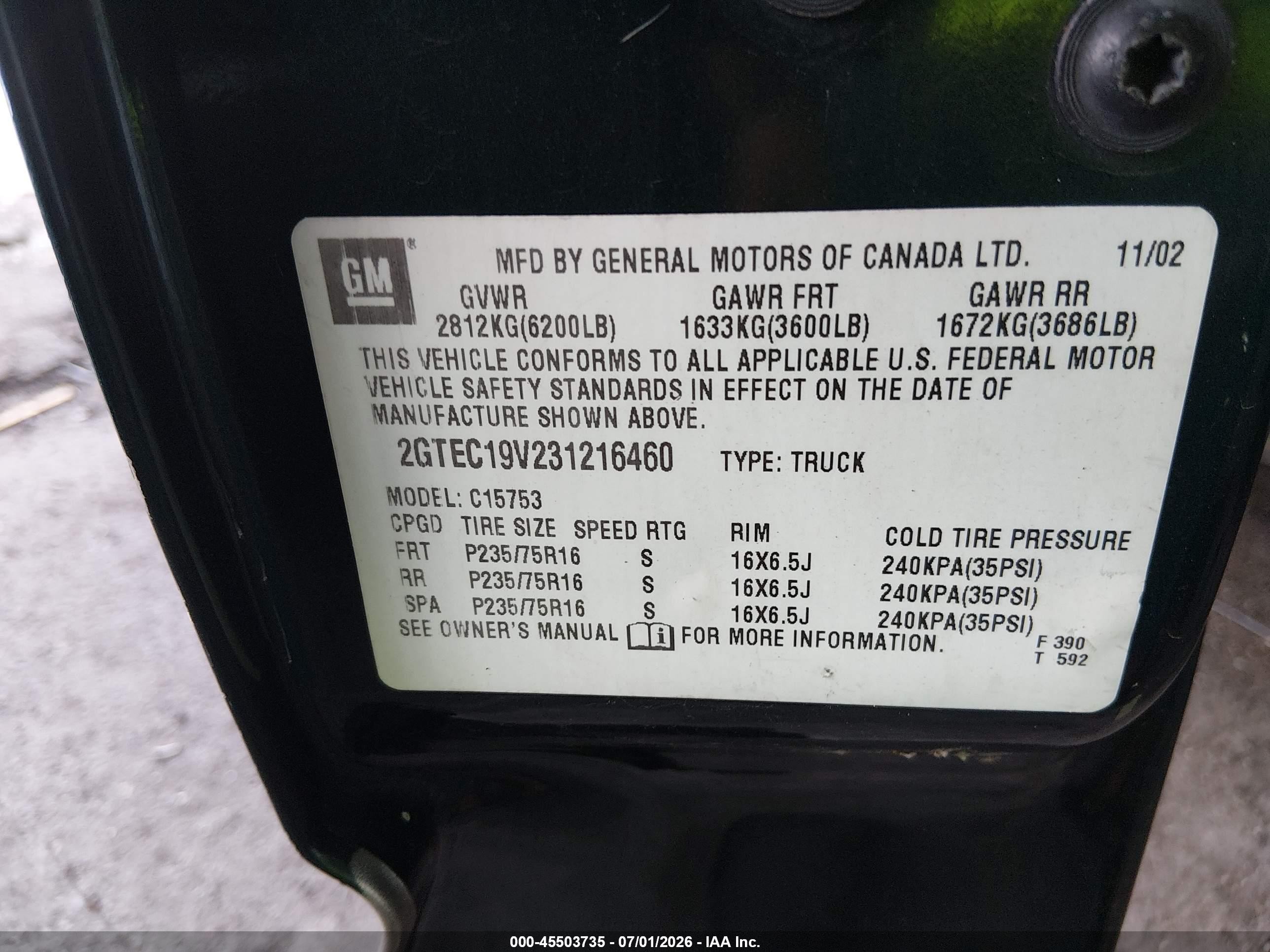 2003 Gmc Sierra 1500 Sle Green vin: 2GTEC19V231216460