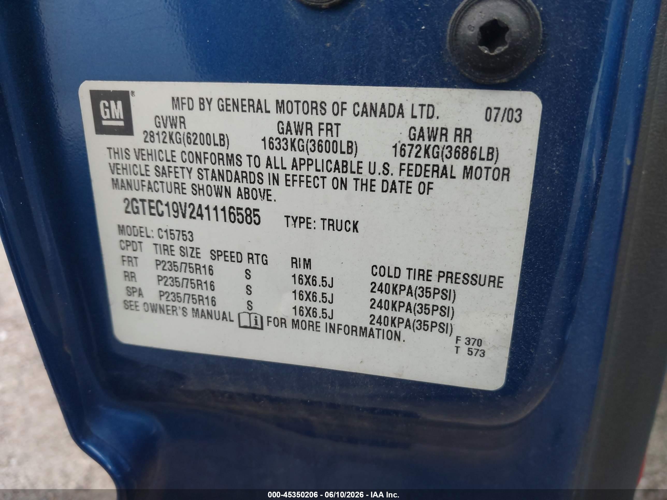 2004 Gmc Sierra 1500 Sle Blue vin: 2GTEC19V241116585