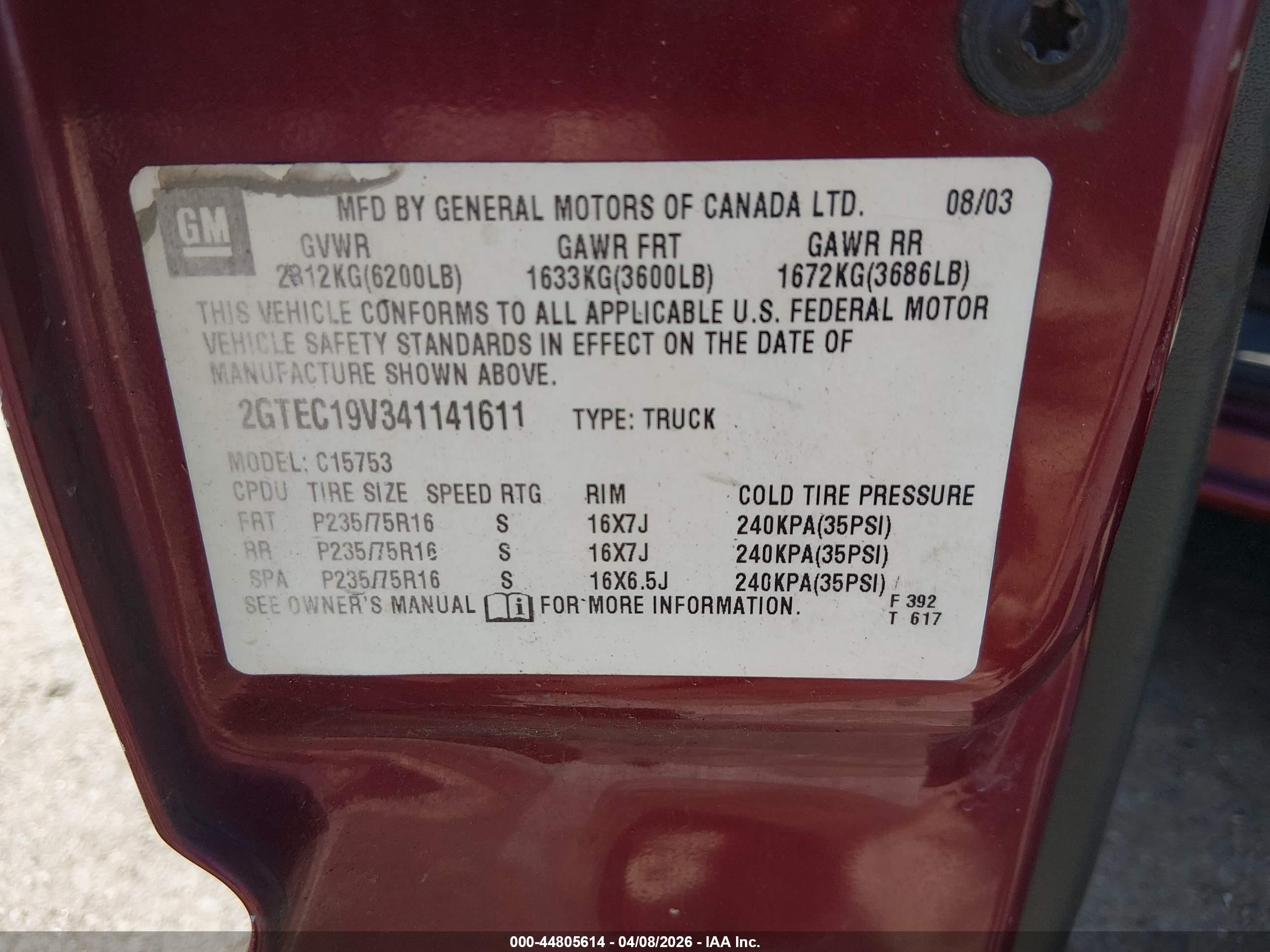 2004 Gmc Sierra 1500 Sle Maroon vin: 2GTEC19V341141611