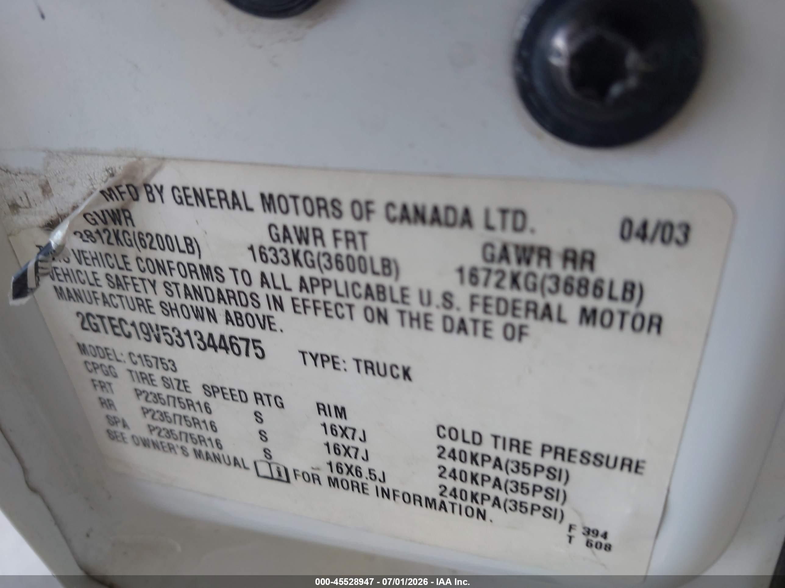 2003 Gmc Sierra 1500 Sle White vin: 2GTEC19V531344675