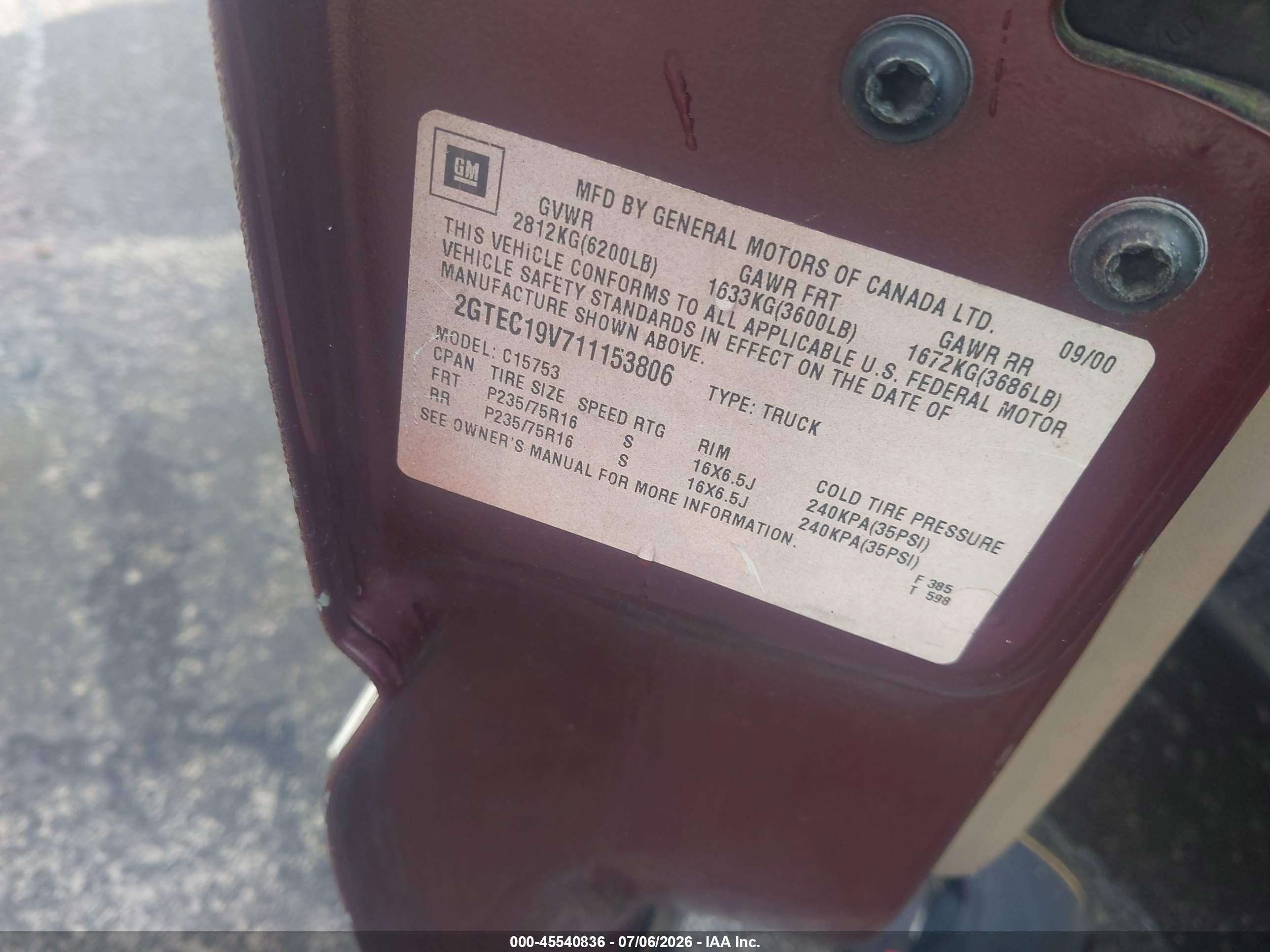 2001 Gmc Sierra 1500 Sle Burgundy vin: 2GTEC19V711153806