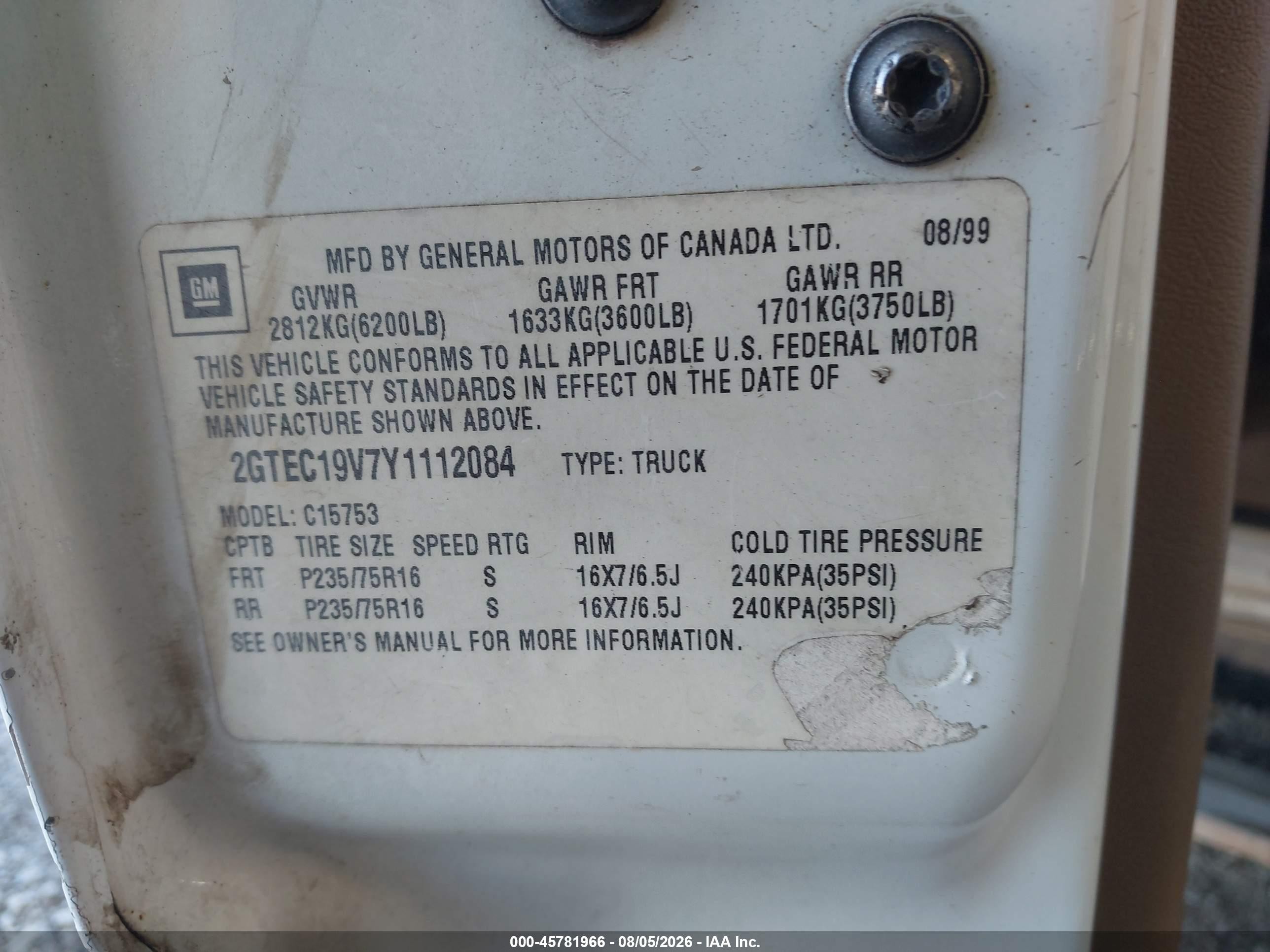 2000 Gmc Sierra 1500 Sle Белый vin: 2GTEC19V7Y1112084
