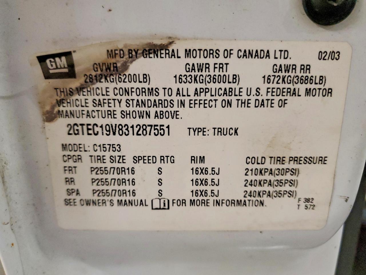 2003 Gmc New Sierra C1500 White vin: 2GTEC19V831287551