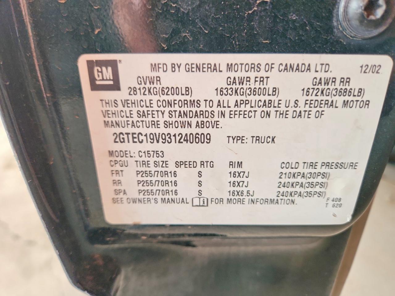2003 Gmc New Sierra C1500 Green vin: 2GTEC19V931240609