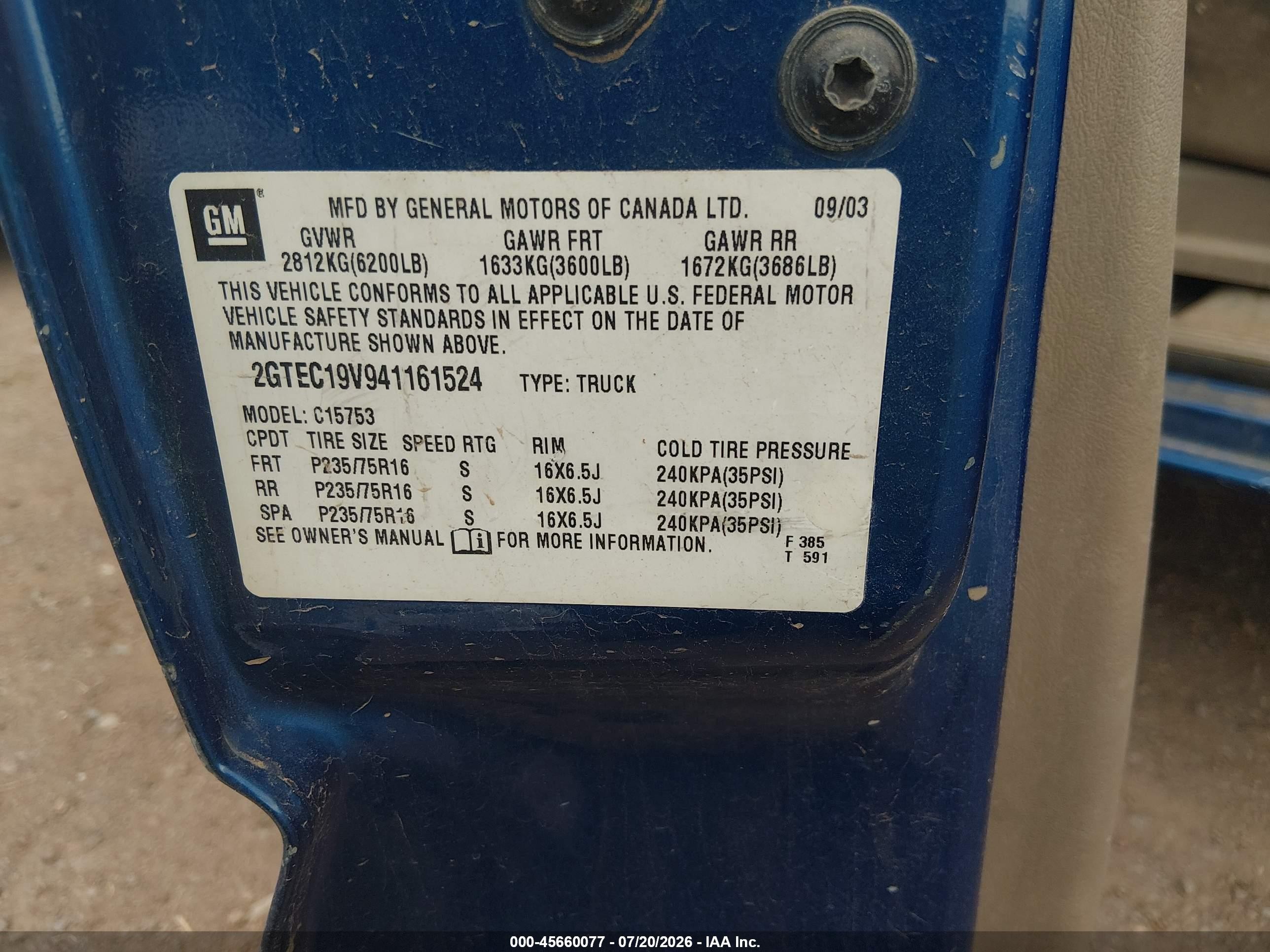 2004 Gmc Sierra 1500 Blue vin: 2GTEC19V941161524