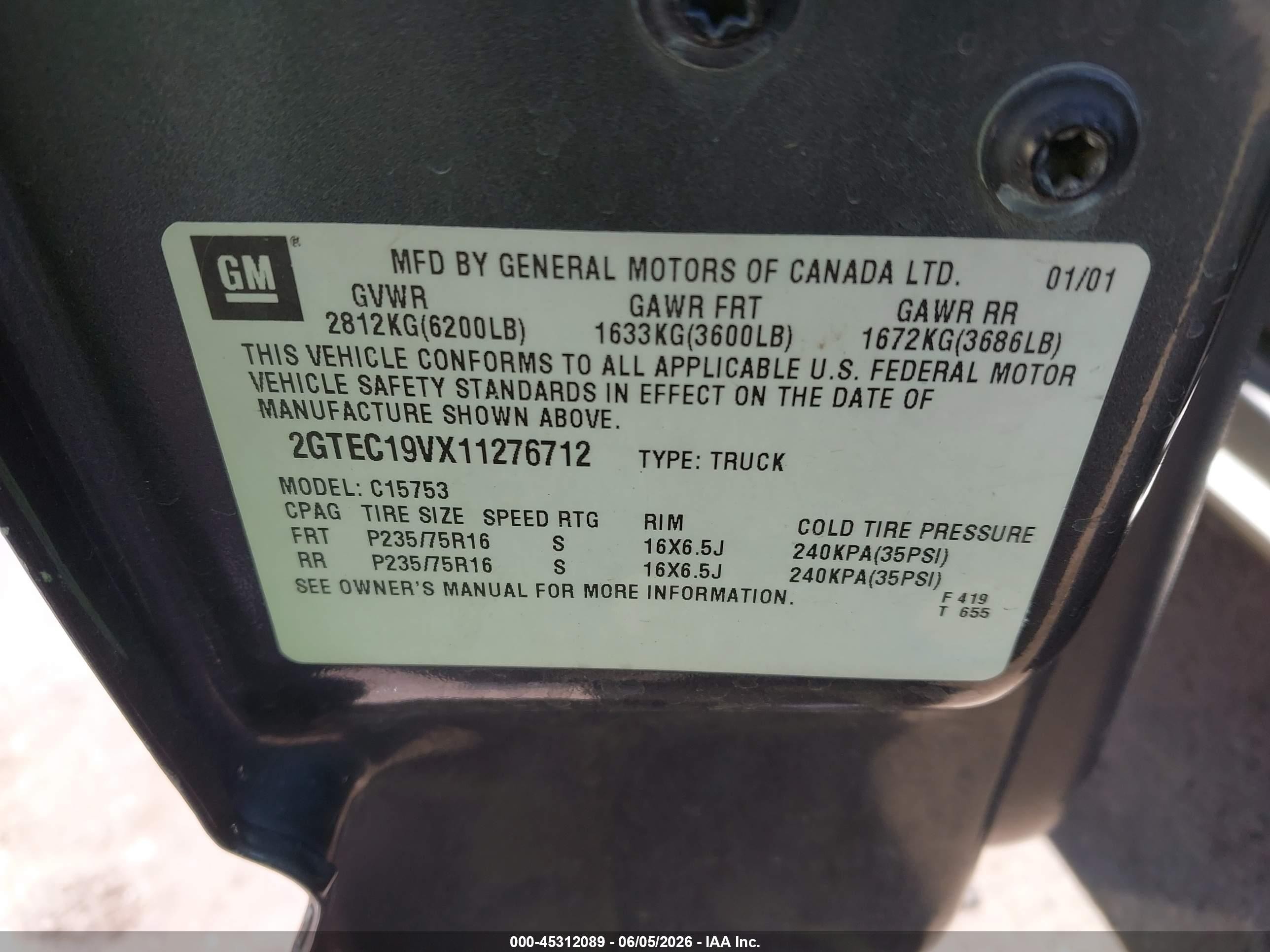 2001 Gmc Sierra 1500 Sl Gray vin: 2GTEC19VX11276712