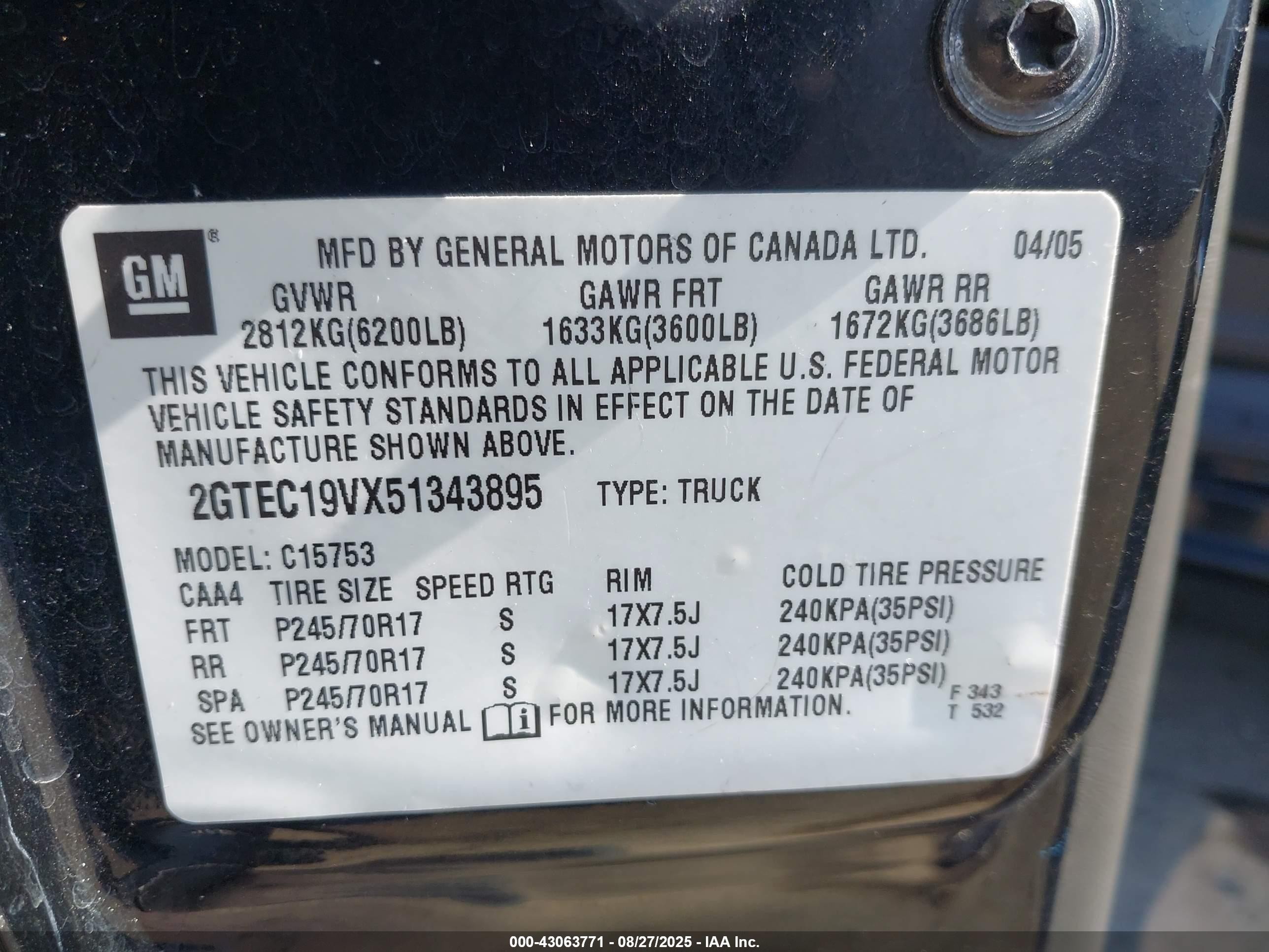 2005 Gmc Sierra 1500 Sle Black vin: 2GTEC19VX51343895