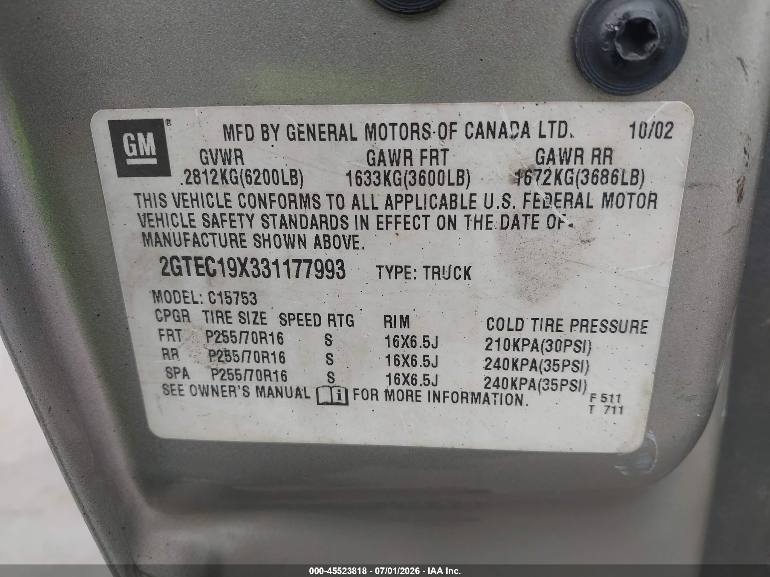 2003 Gmc Sierra 1500   Gray vin: 2GTEC19X331177993