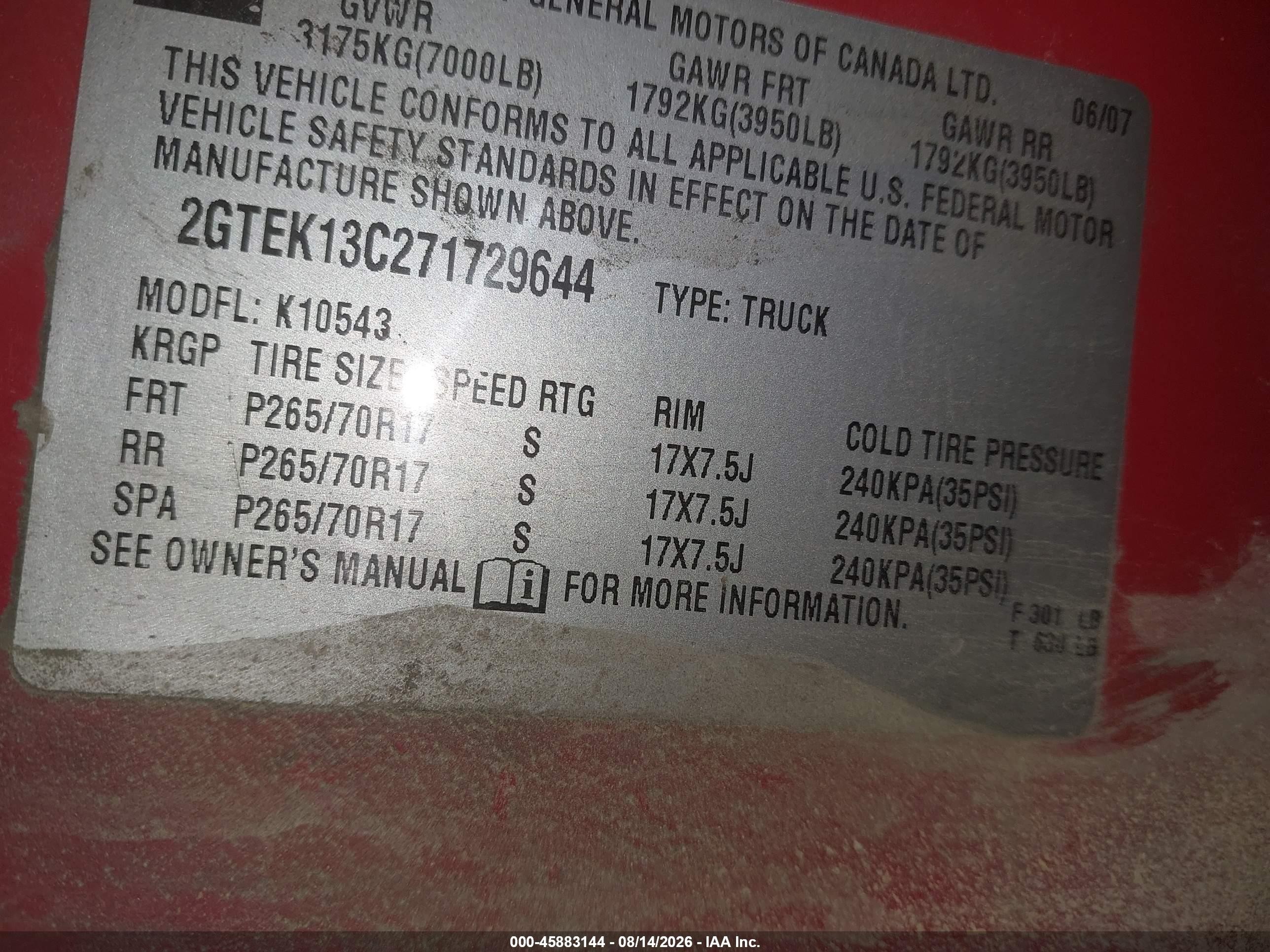 2007 Gmc Sierra 1500 Sl Red vin: 2GTEK13C271729644