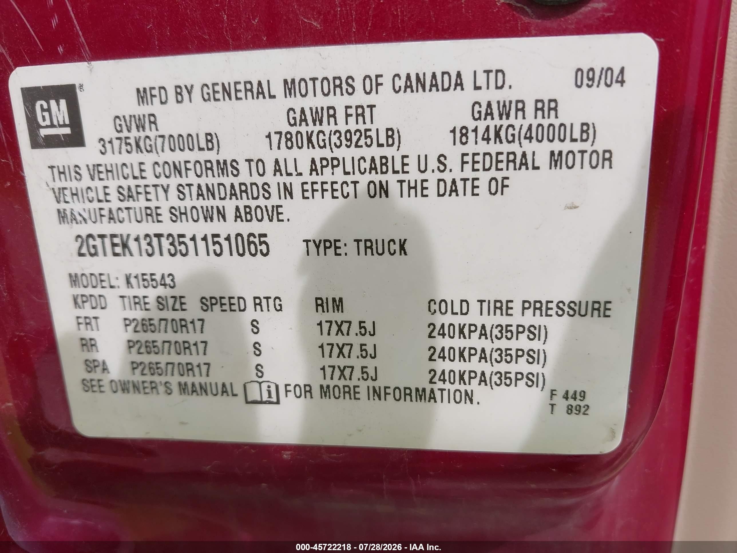 2005 Gmc Sierra 1500 Slt Red vin: 2GTEK13T351151065