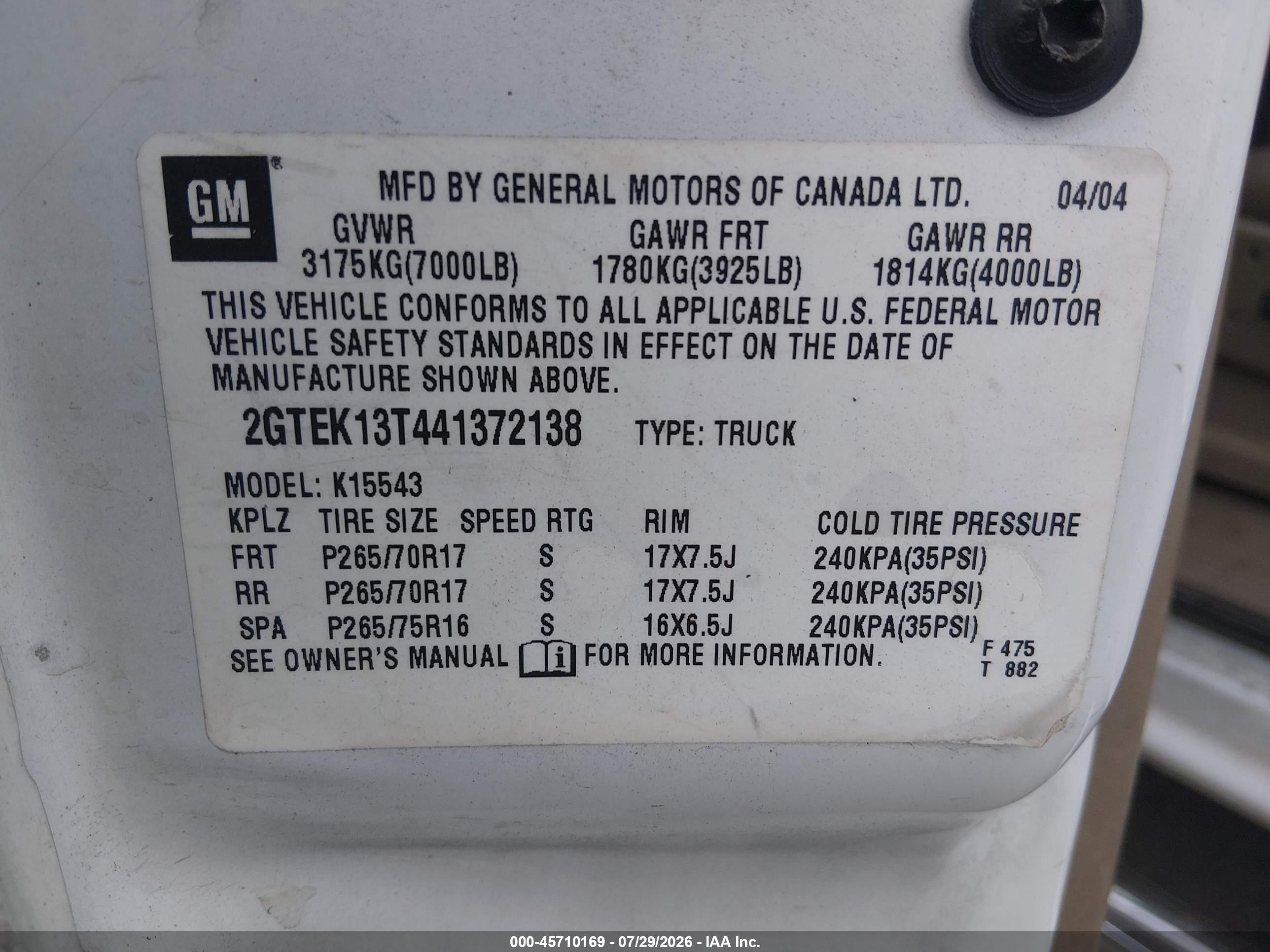 2004 Gmc Sierra 1500 Slt White vin: 2GTEK13T441372138