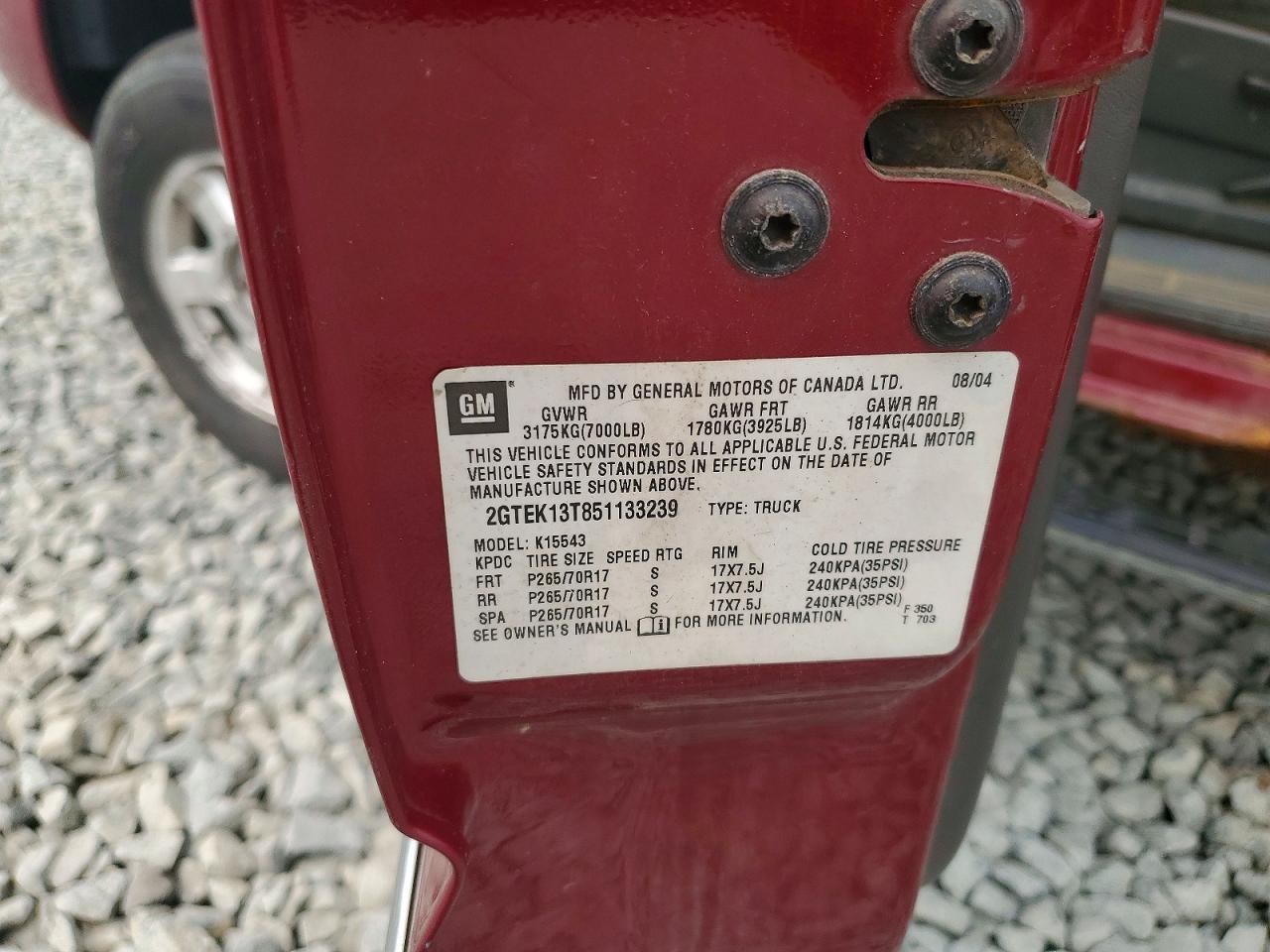 2005 Gmc New Sierra K1500 Red vin: 2GTEK13T851133239