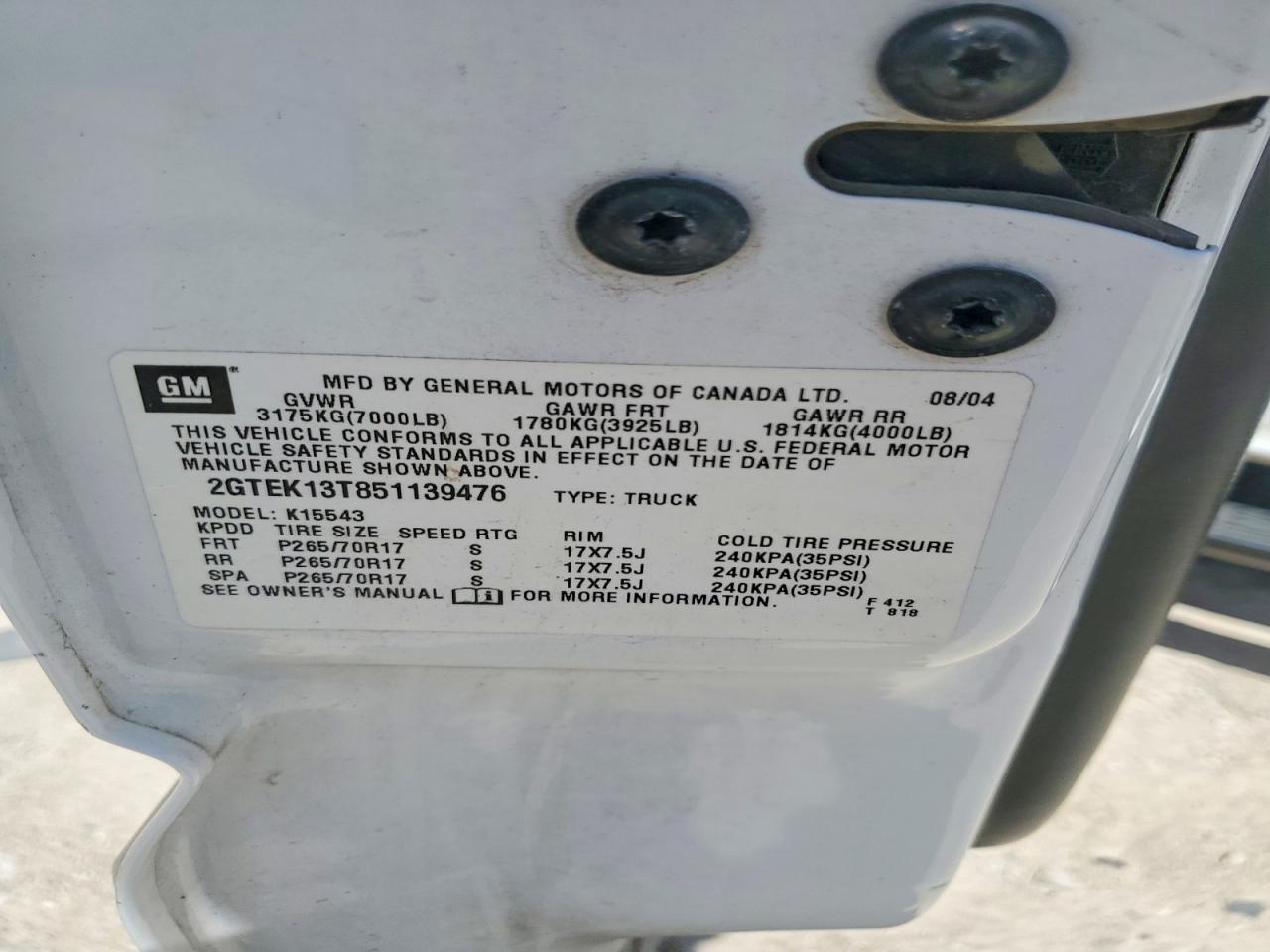 2005 Gmc New Sierra K1500 White vin: 2GTEK13T851139476