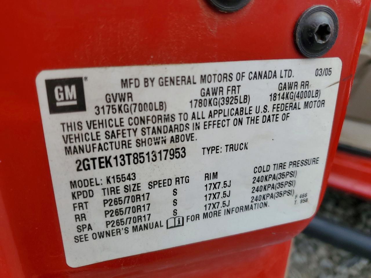 2005 Gmc New Sierra K1500 Red vin: 2GTEK13T851317953