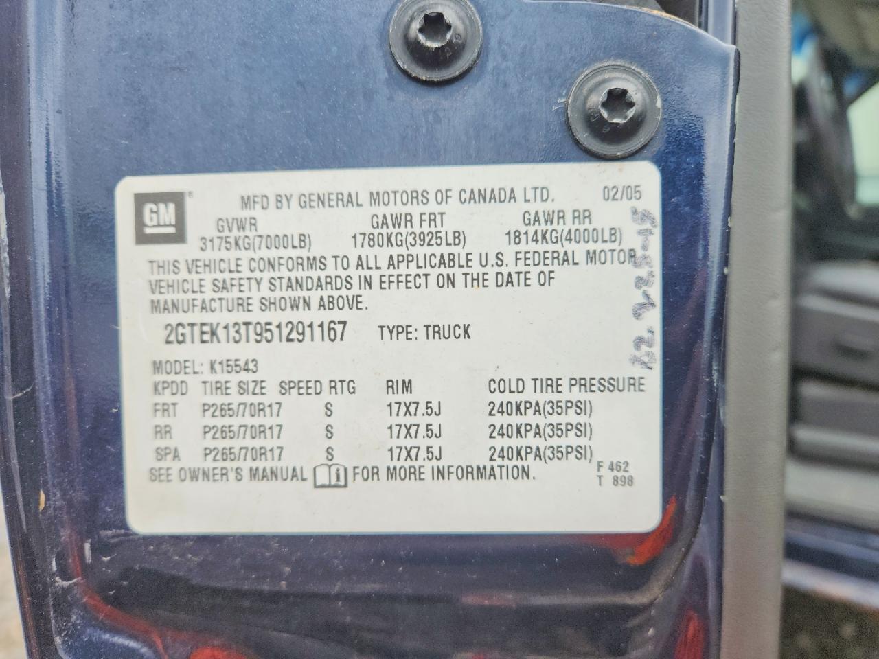 2005 Gmc New Sierra K1500 Blue vin: 2GTEK13T951291167