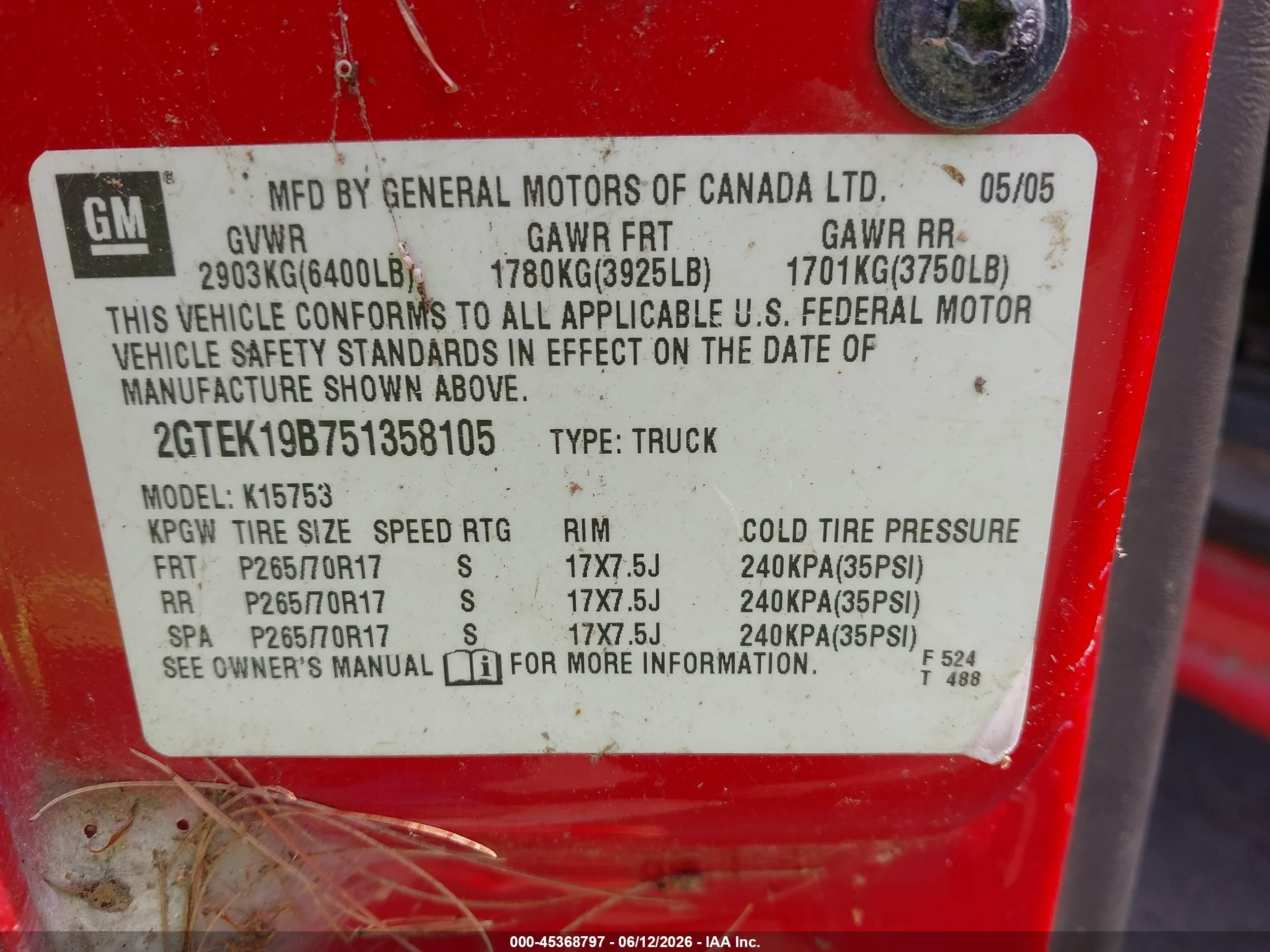 2005 Gmc Sierra 1500 Sle Red vin: 2GTEK19B751358105