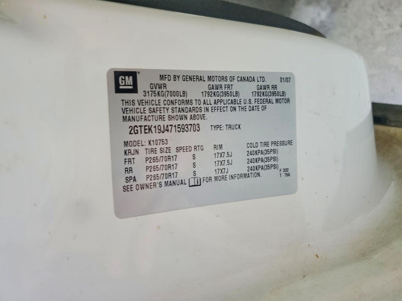 2007 Gmc New Sierra K1500 White vin: 2GTEK19J471593703