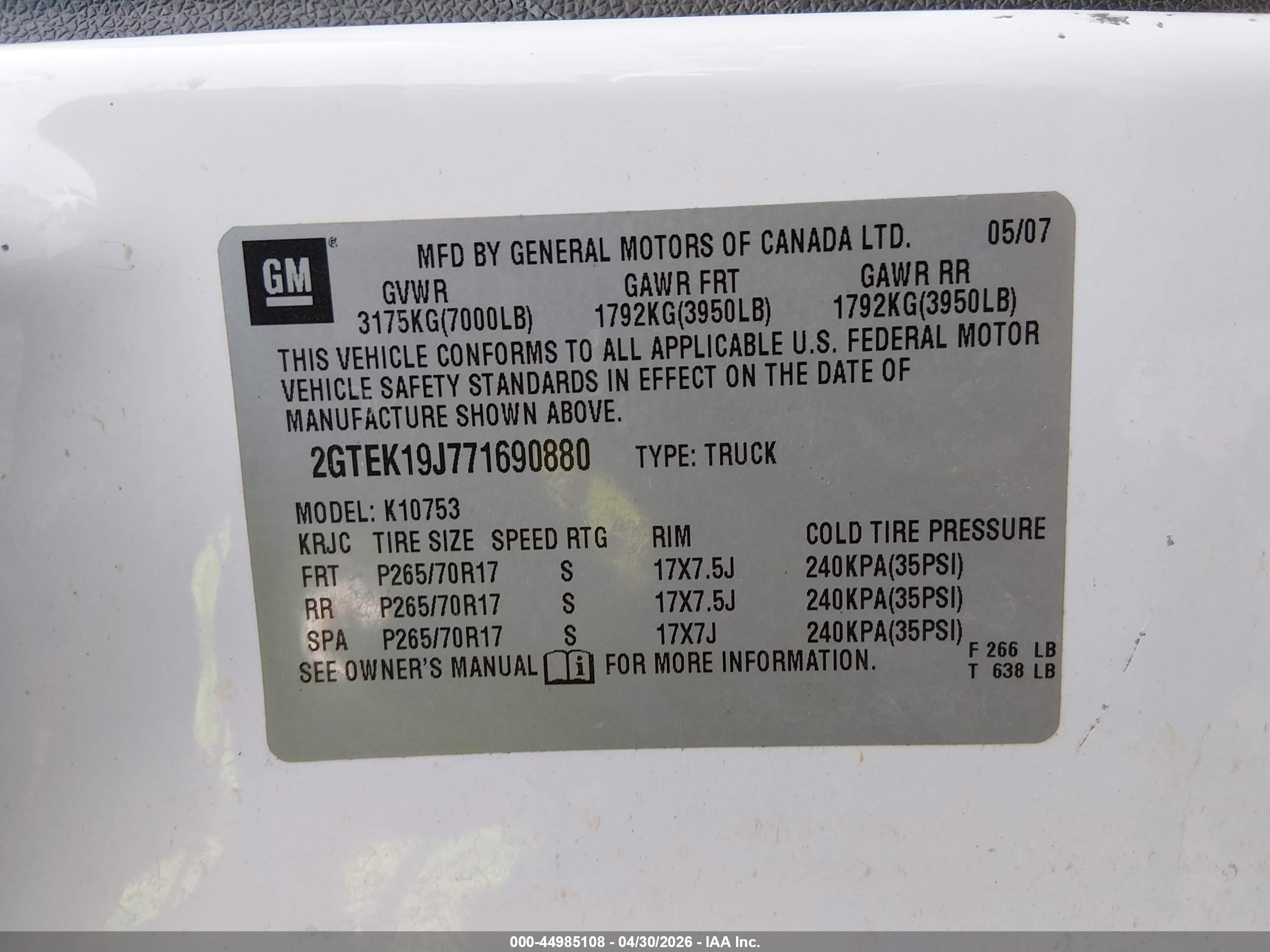 2007 Gmc Sierra 1500 Sle1 White vin: 2GTEK19J771690880