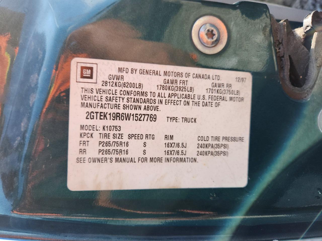 1998 Gmc Sierra K1500 Green vin: 2GTEK19R6W1527769