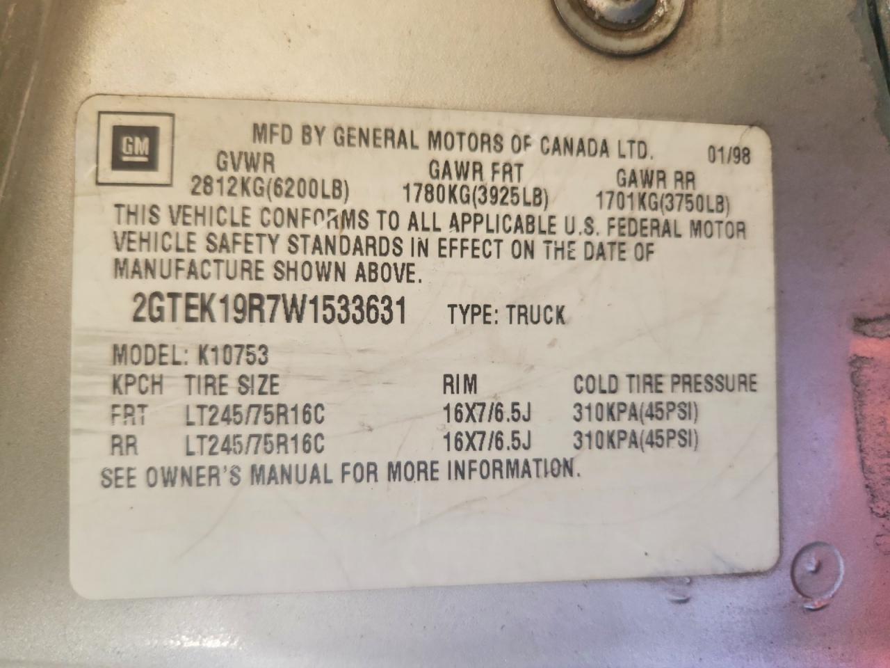 1998 Gmc 1500 Slt Beige vin: 2GTEK19R7W1533631