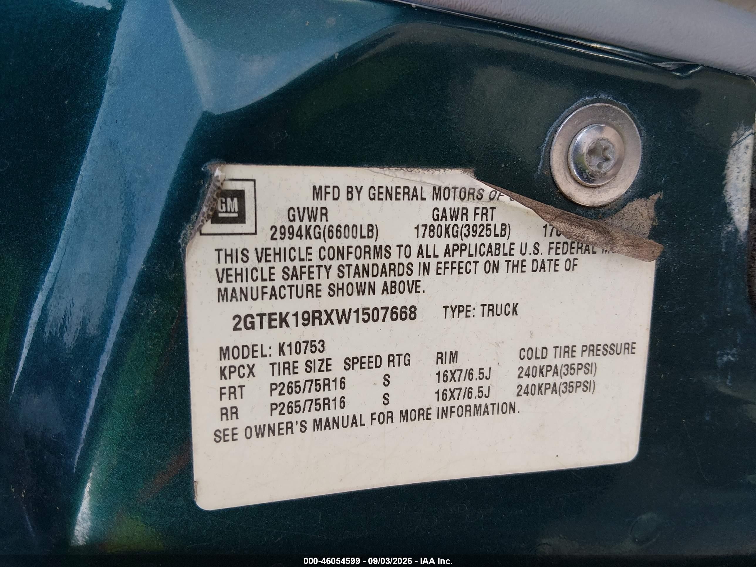 1998 Gmc Sierra 1500 Sl Wideside Green vin: 2GTEK19RXW1507668