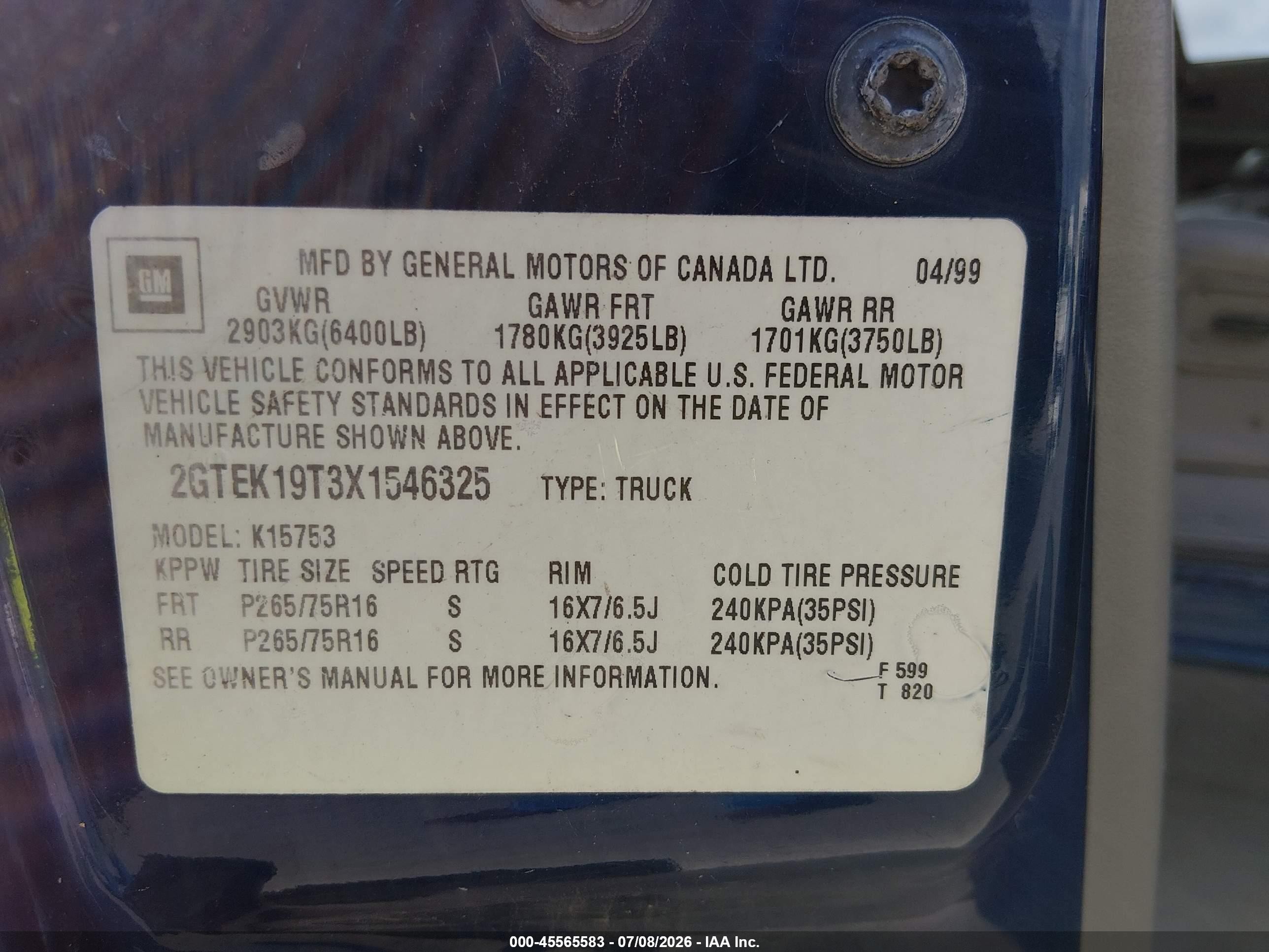 1999 Gmc New Sierra 1500 Sle Dark Blue vin: 2GTEK19T3X1546325