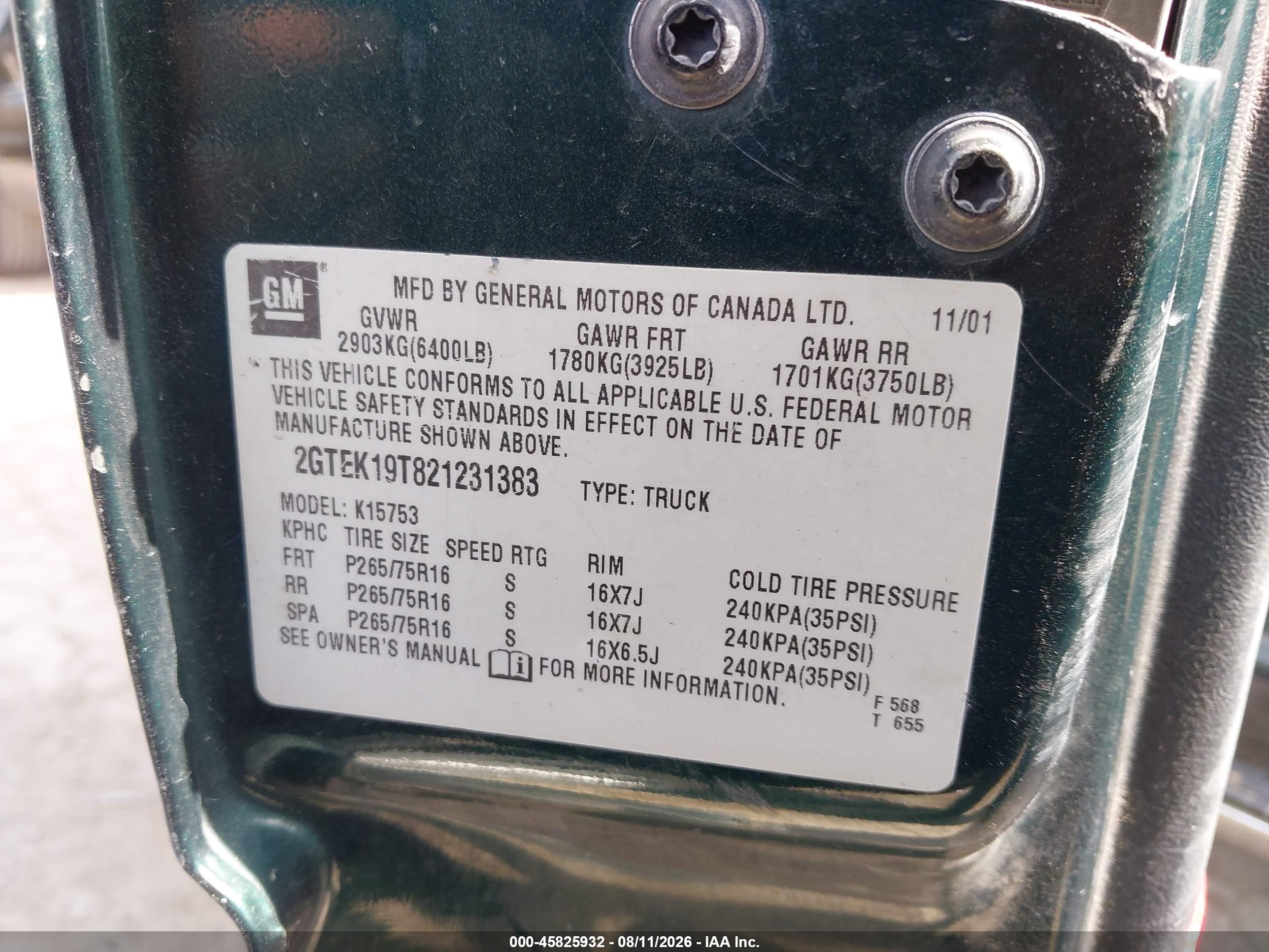 2002 Gmc Sierra 1500 Sle Green vin: 2GTEK19T821231383