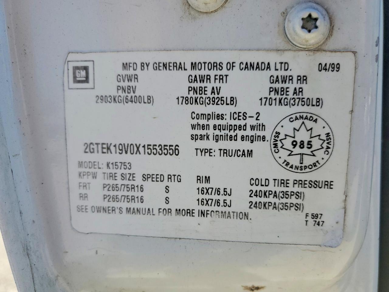 1999 Gmc New Sierra K1500 White vin: 2GTEK19V0X1553556