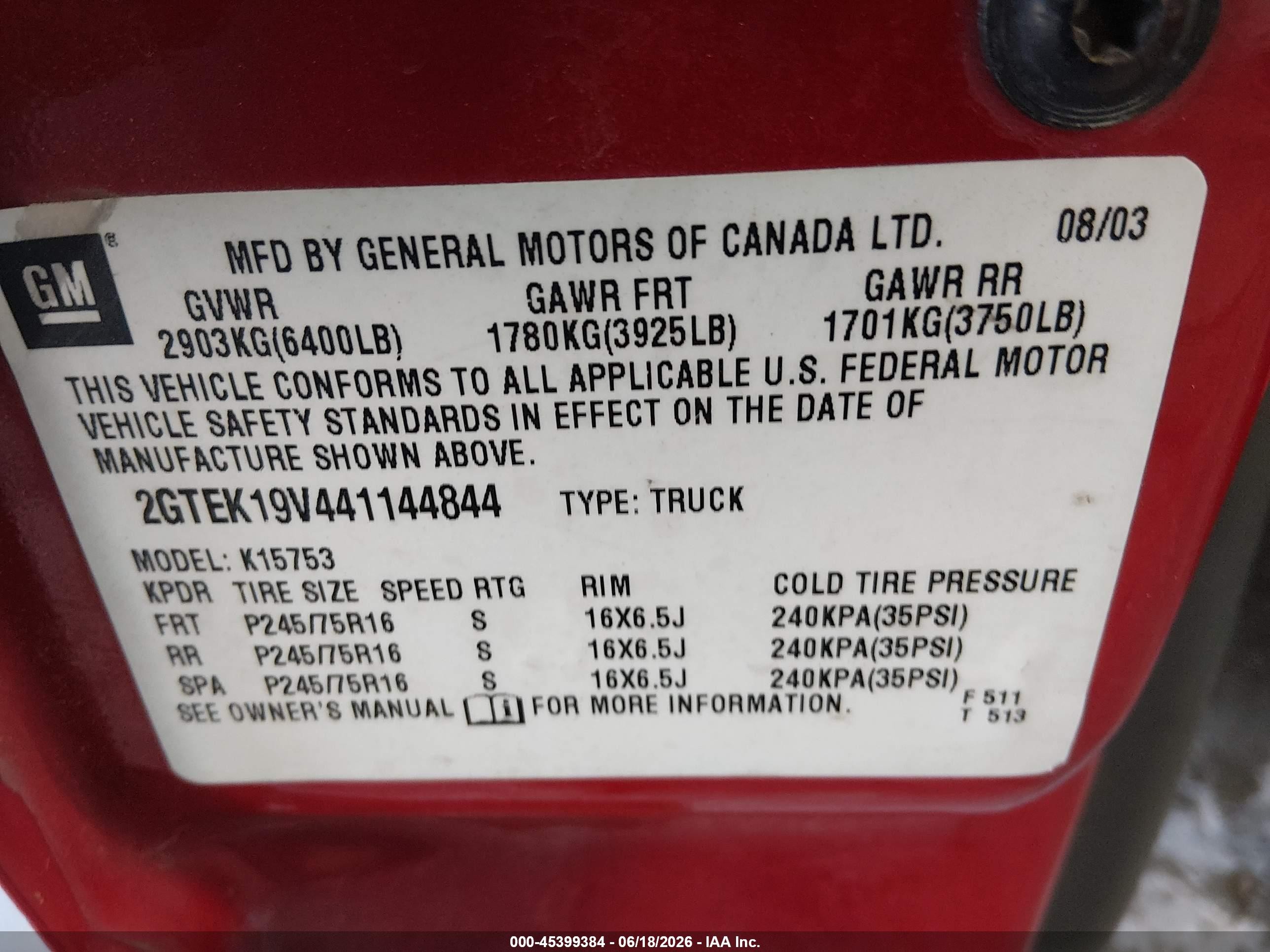 2004 Gmc Sierra 1500   Red vin: 2GTEK19V441144844