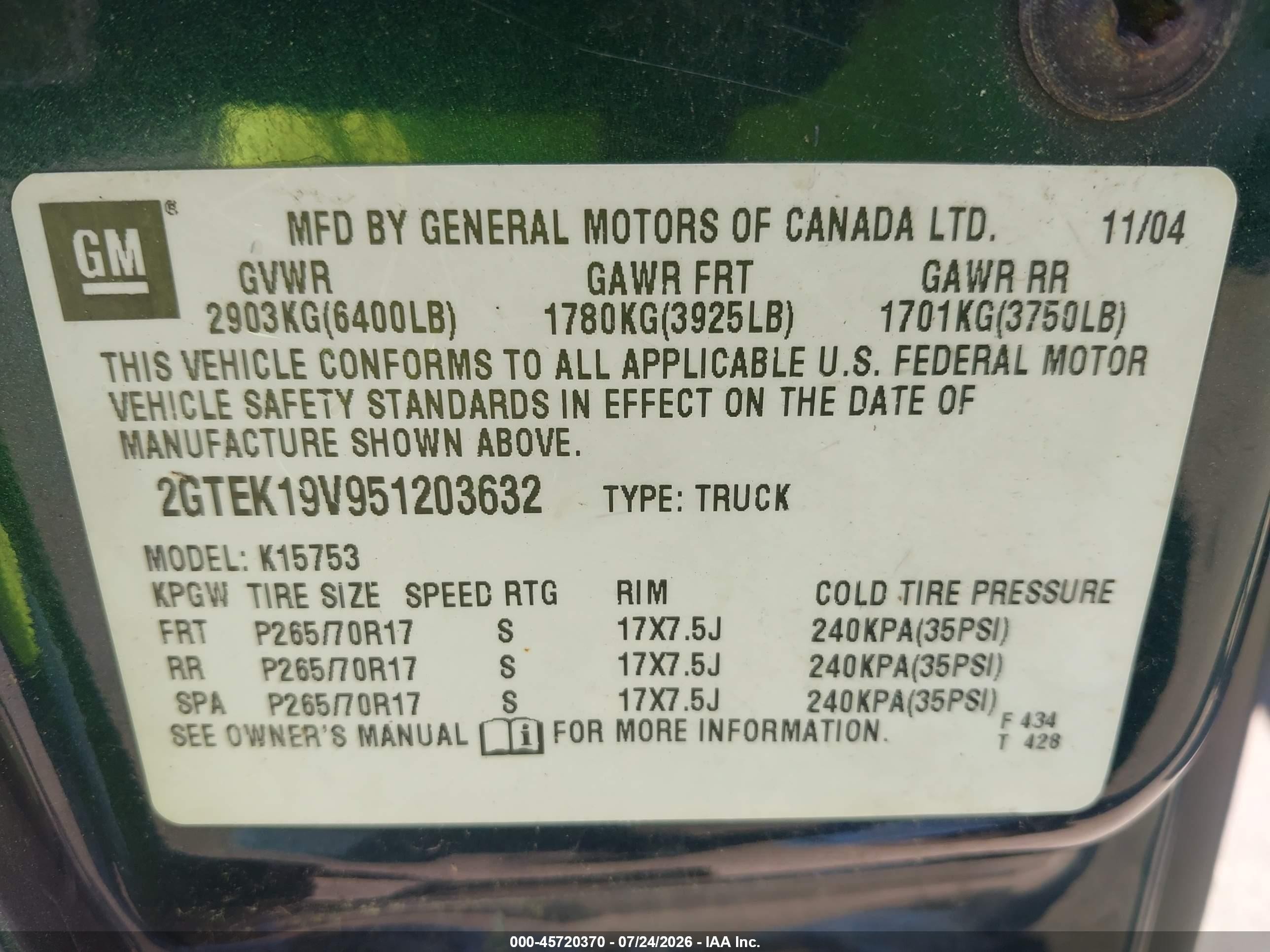 2005 Gmc Sierra 1500 Sle Green vin: 2GTEK19V951203632