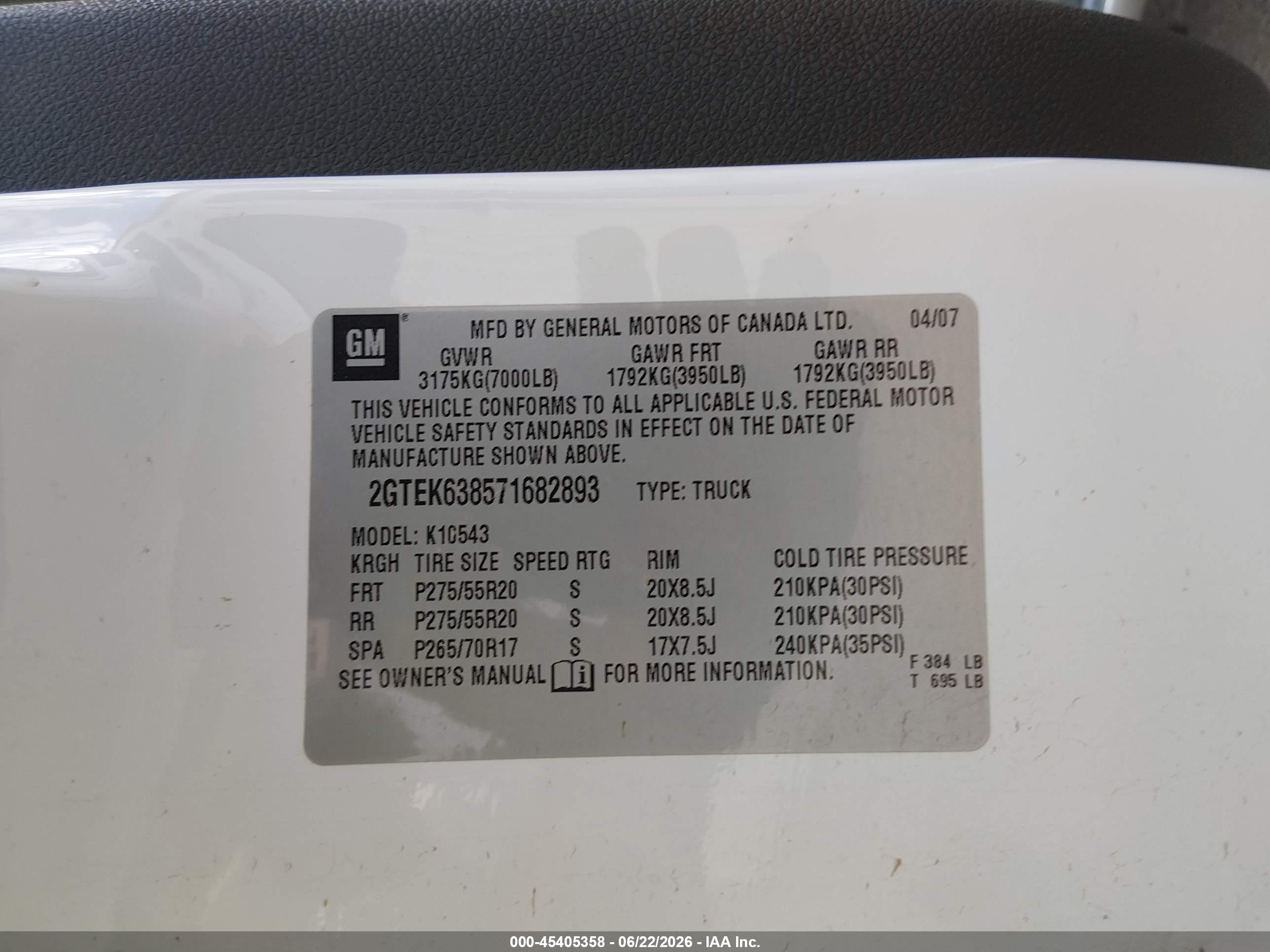 2007 Gmc Sierra 1500 Denali White vin: 2GTEK638571682893