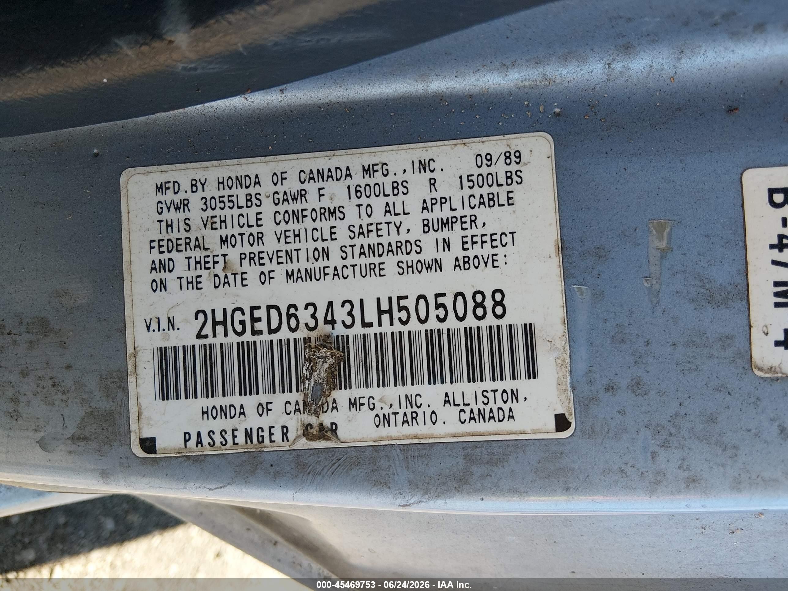 1990 Honda Civic   Light Blue vin: 2HGED6343LH505088