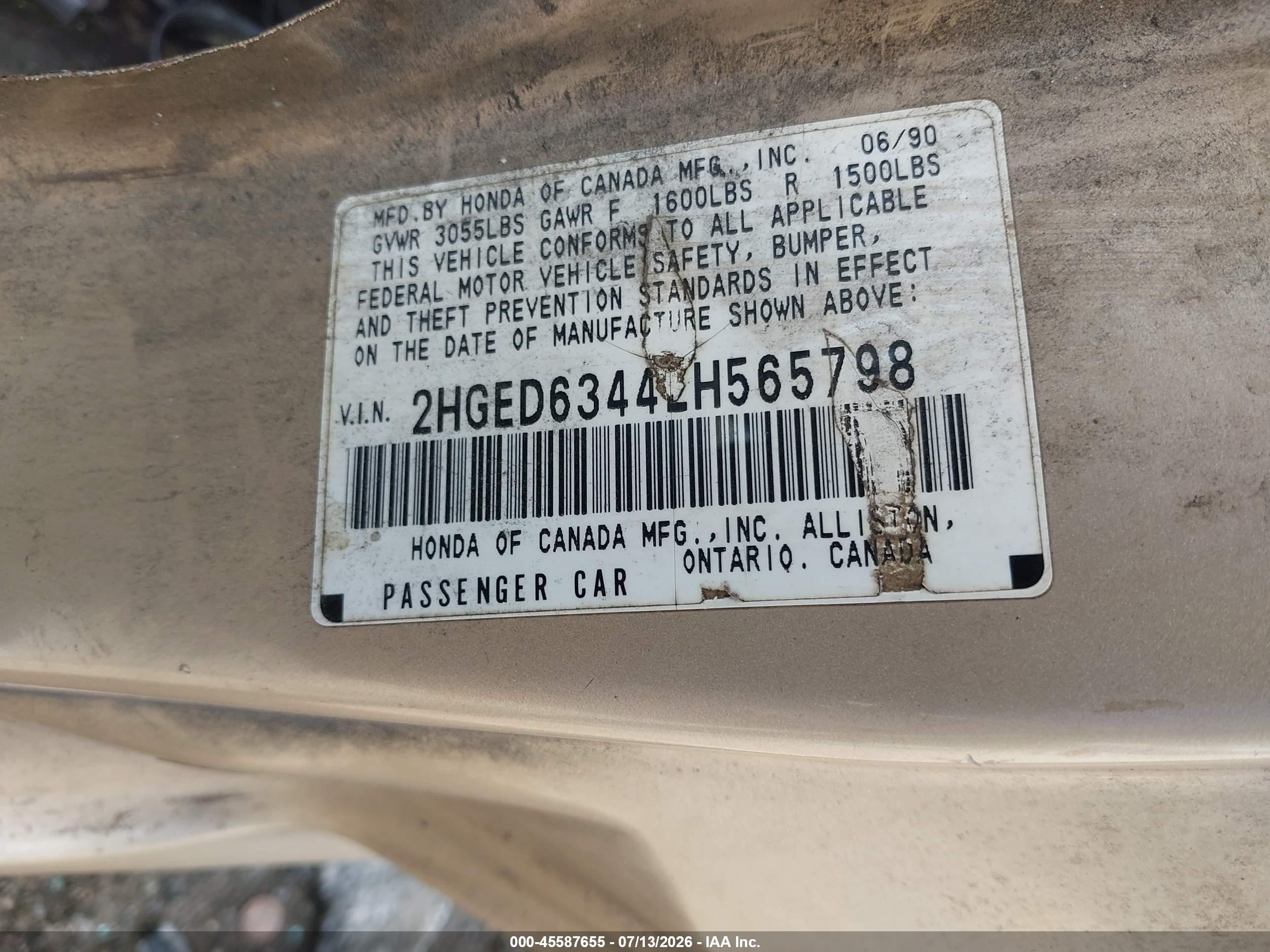 1990 Honda Civic   Gold vin: 2HGED6344LH565798