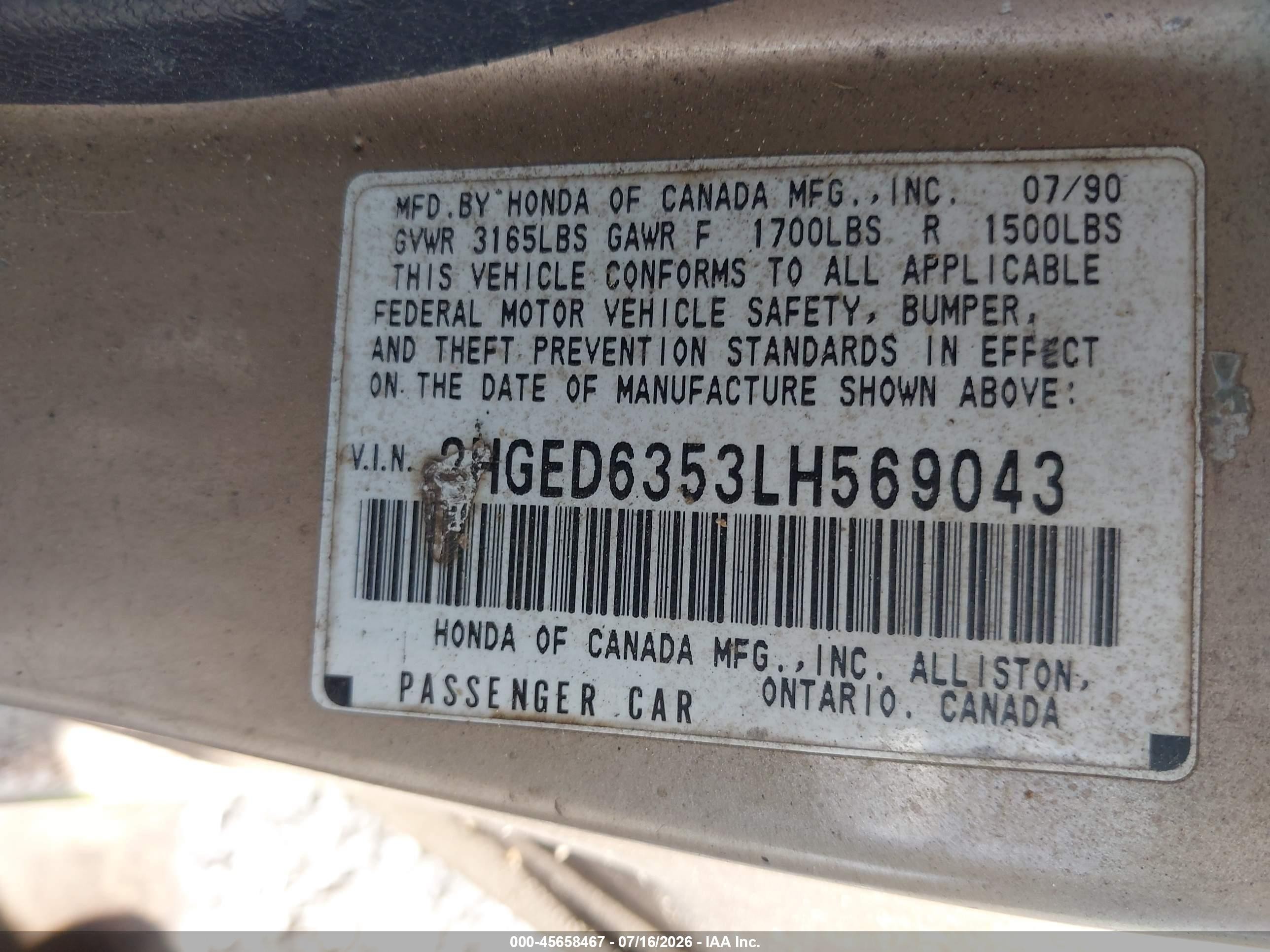 1990 Honda Civic Dx Gold vin: 2HGED6353LH569043