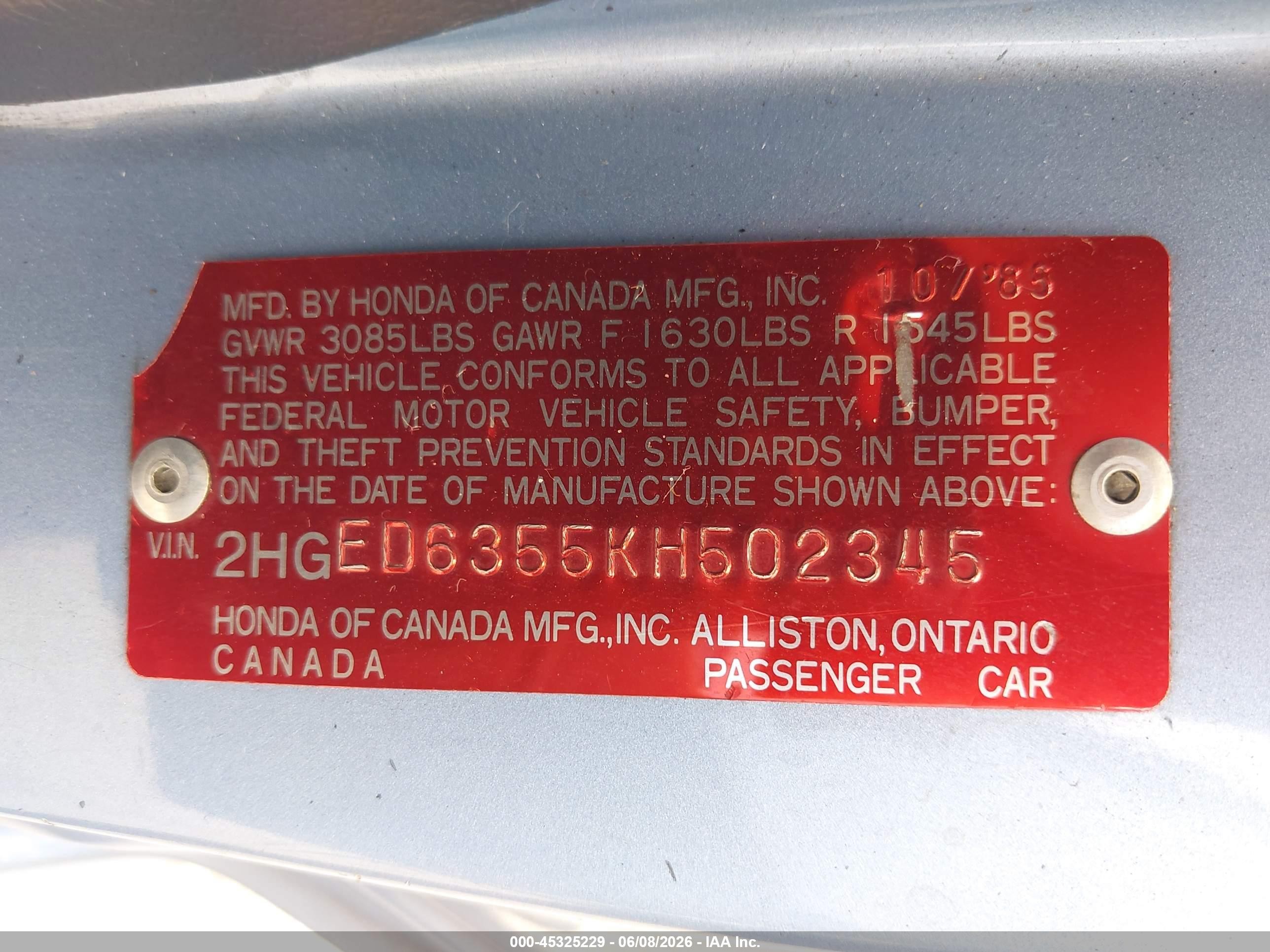 1989 Honda Civic Dx Light Blue vin: 2HGED6355KH502345