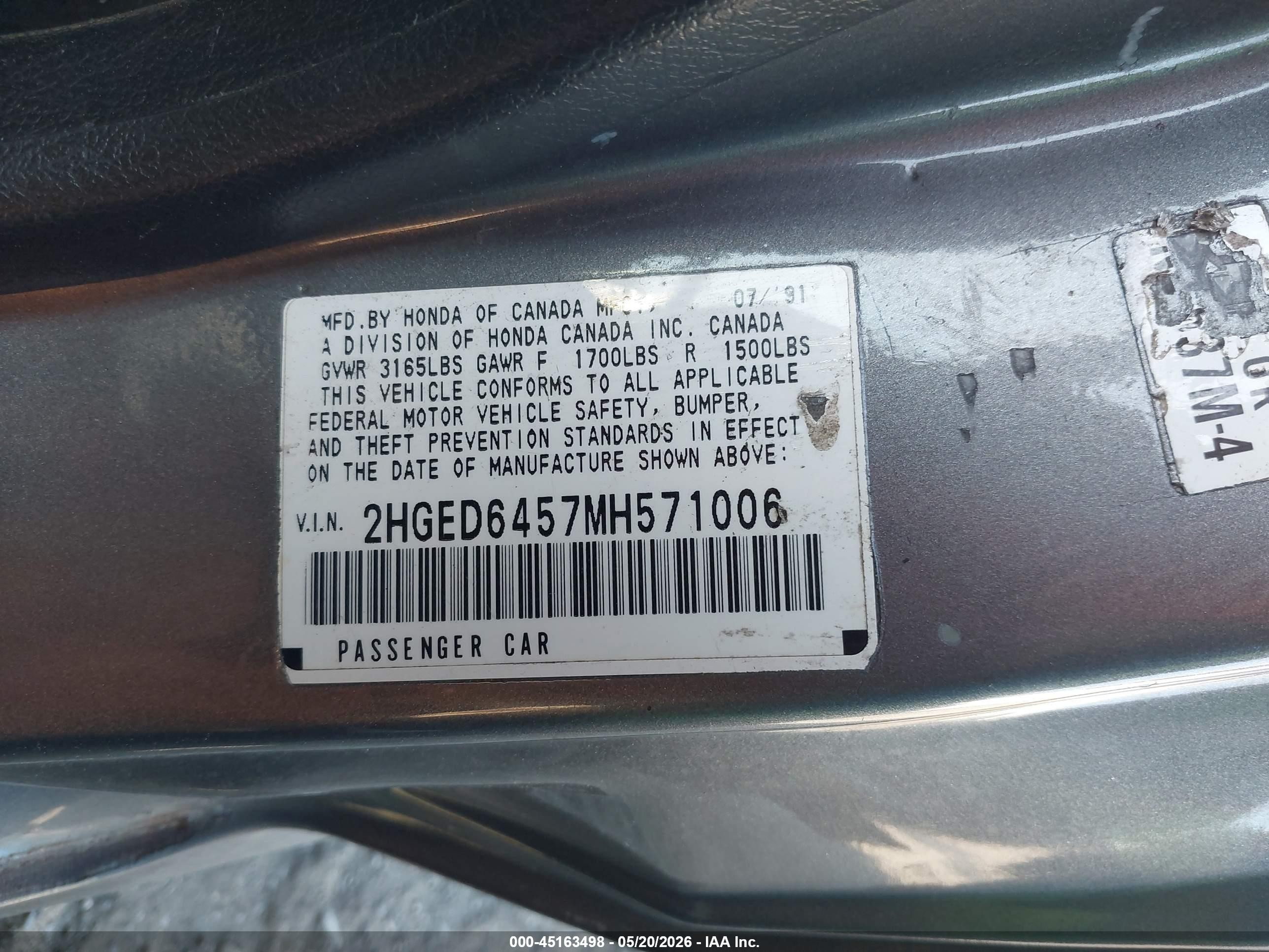 1991 Honda Civic Dx Gray vin: 2HGED6457MH571006
