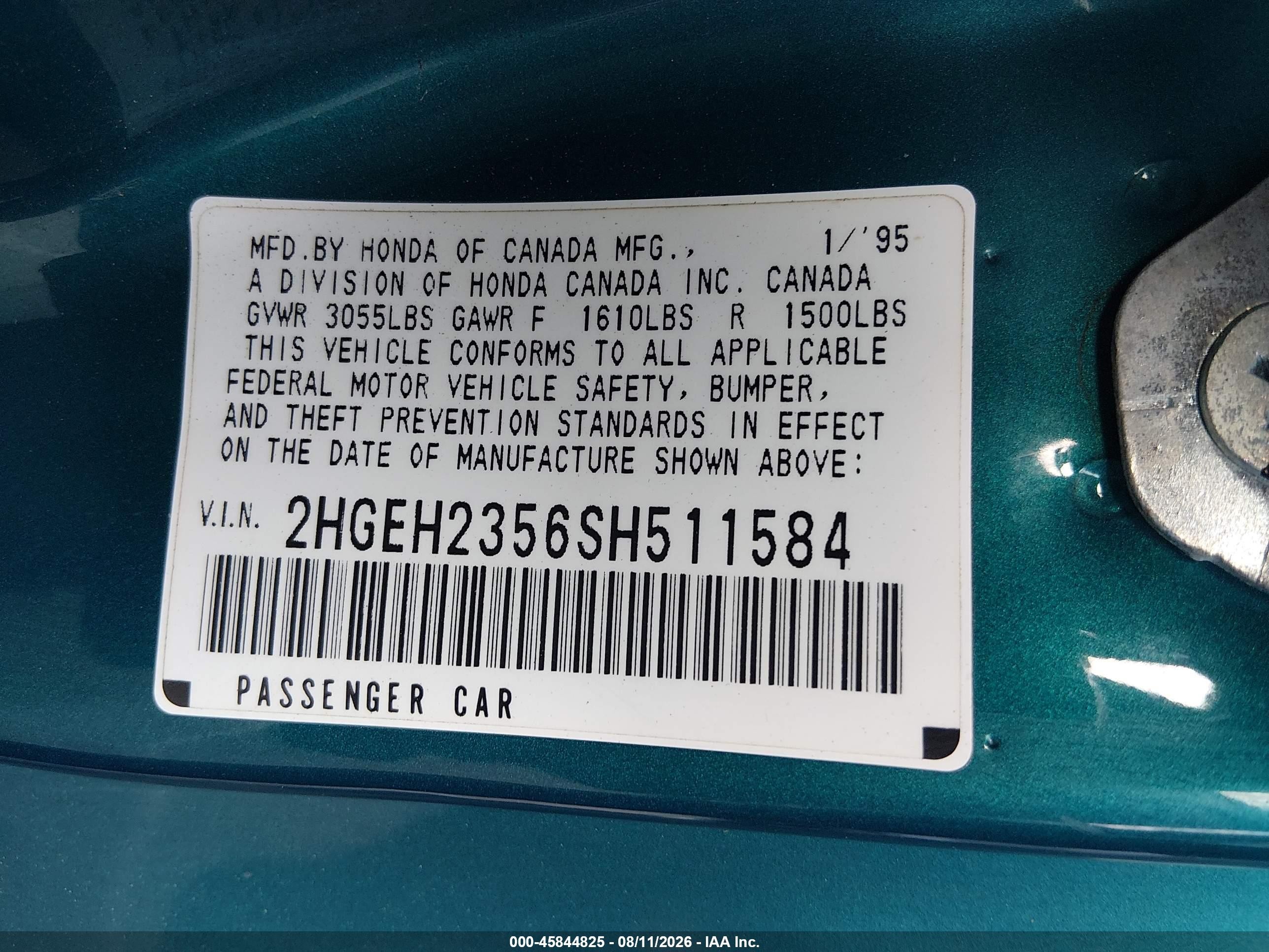 1995 Honda Civic Cx Teal vin: 2HGEH2356SH511584