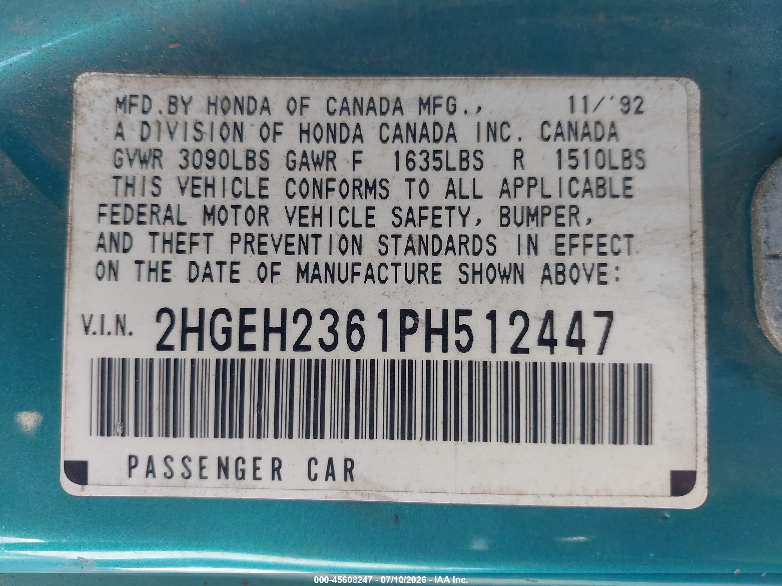 1993 Honda Civic Dx Green vin: 2HGEH2361PH512447