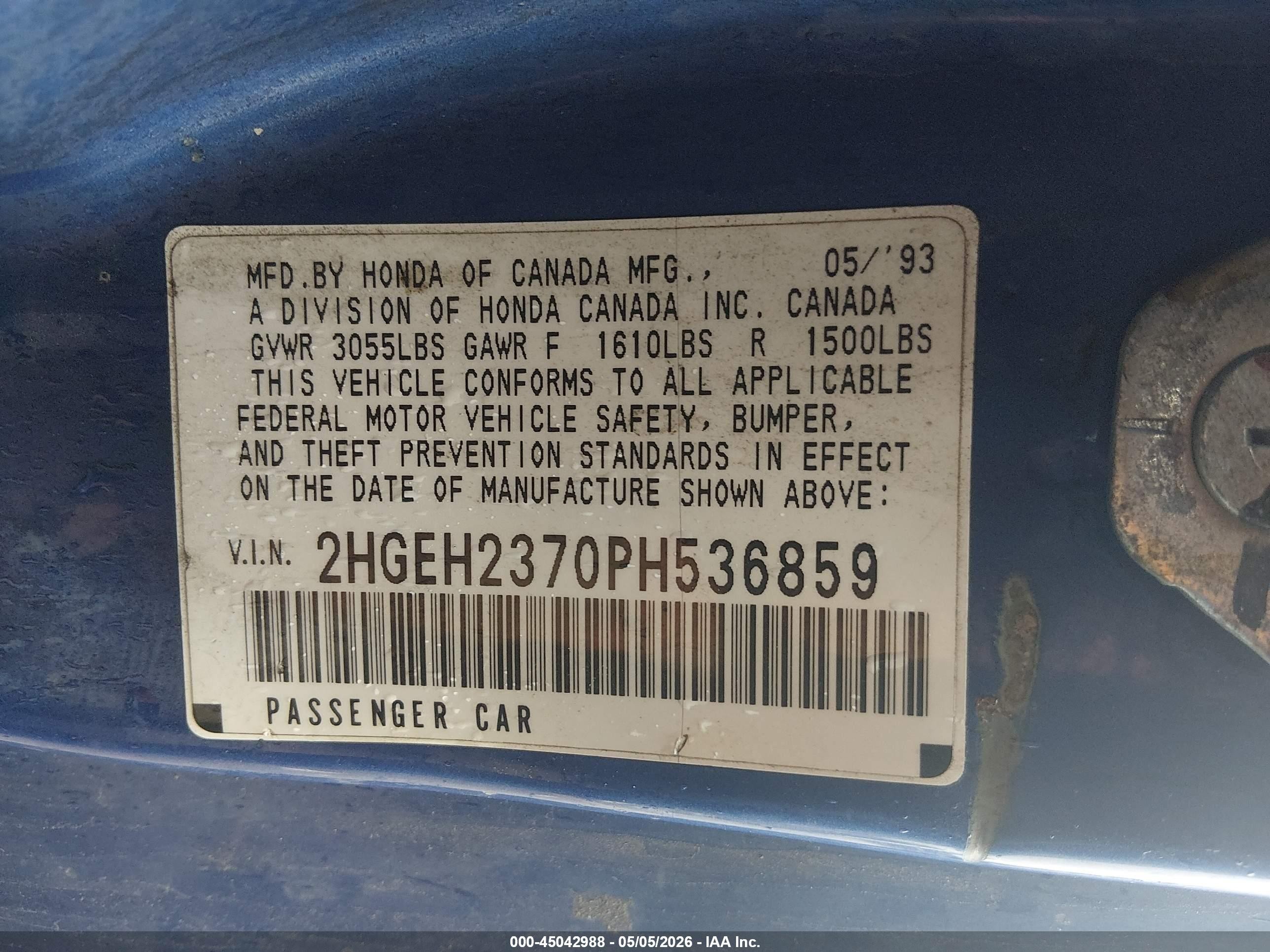 1993 Honda Civic Vx Черный vin: 2HGEH2370PH536859
