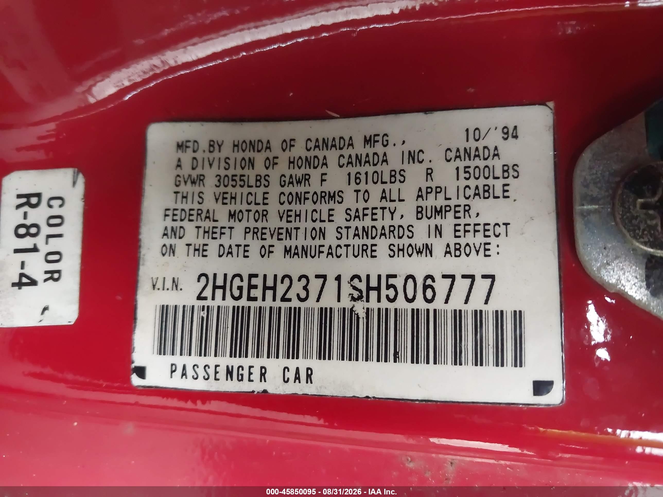 1995 Honda Civic Vx Red vin: 2HGEH2371SH506777